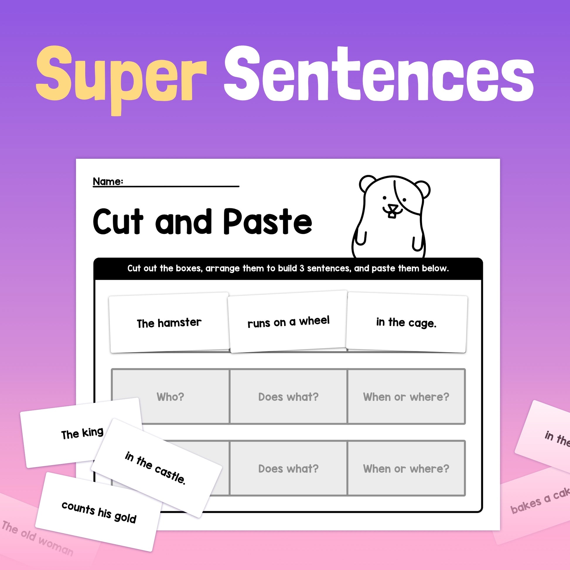 Worksheet with cut-and-paste sentence activity under title "Super Sentence Worksheets".