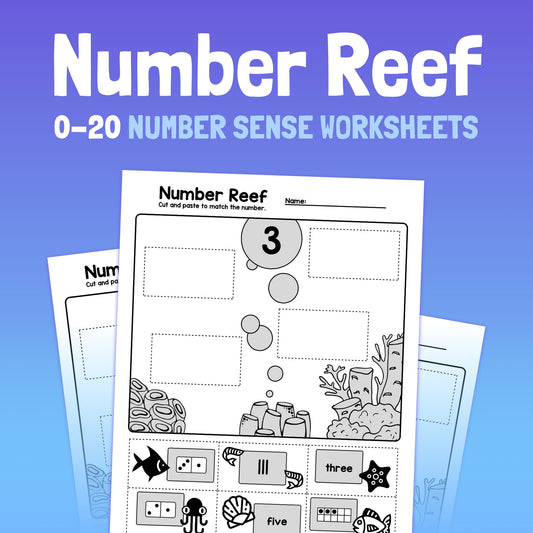 Number Reef Worksheets displaying 0-20 Number Sense activities with an underwater theme.