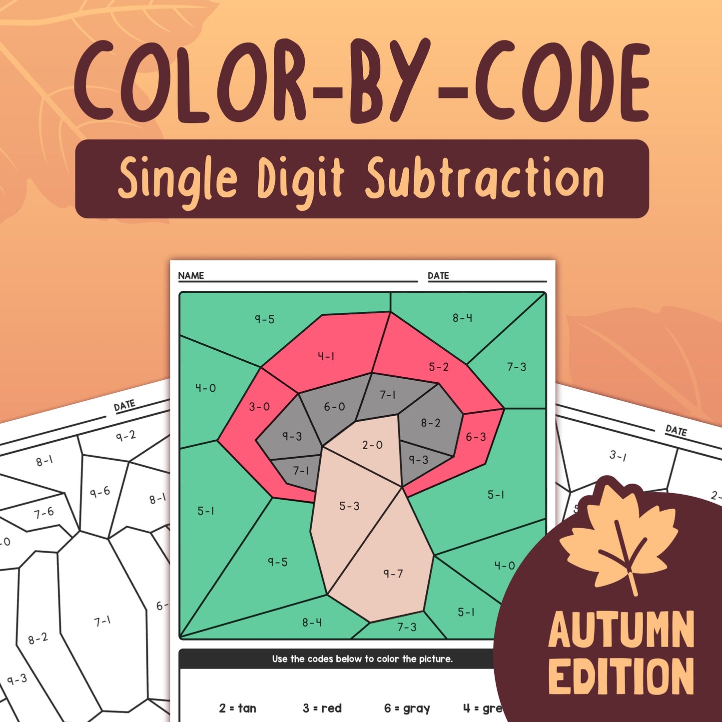 Kindergarten and 1st grade autumn subtraction coloring sheets