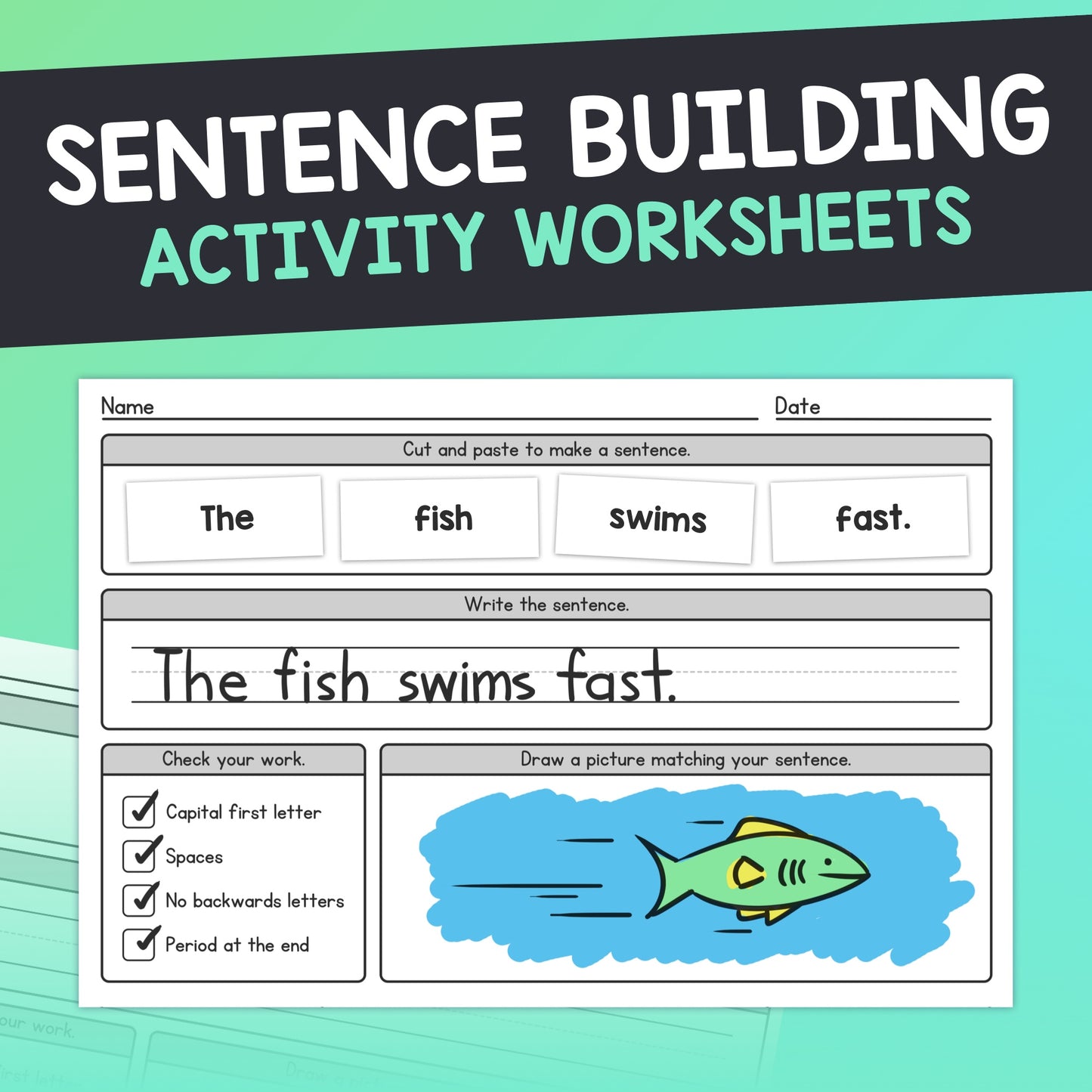 Worksheet with "The fish swims fast." and a drawing activity.