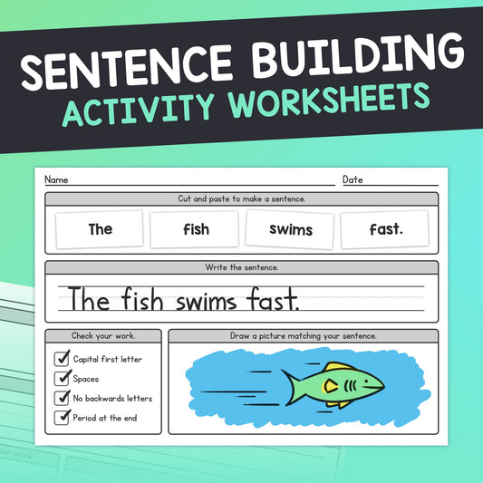 Worksheet with "The fish swims fast." and a drawing activity.