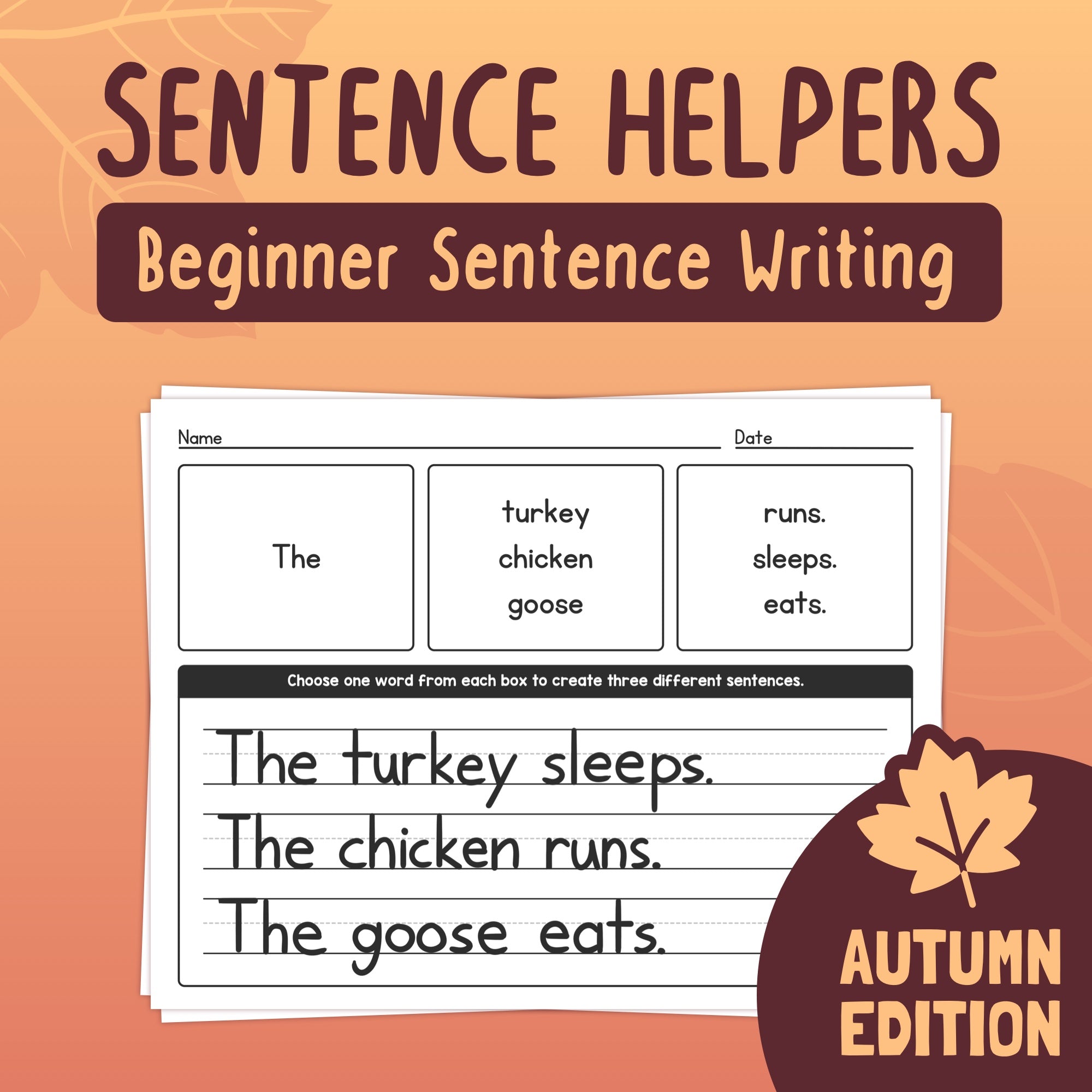 Autumn Sentence Helper Worksheets (Printable PDF) – That Little Robot