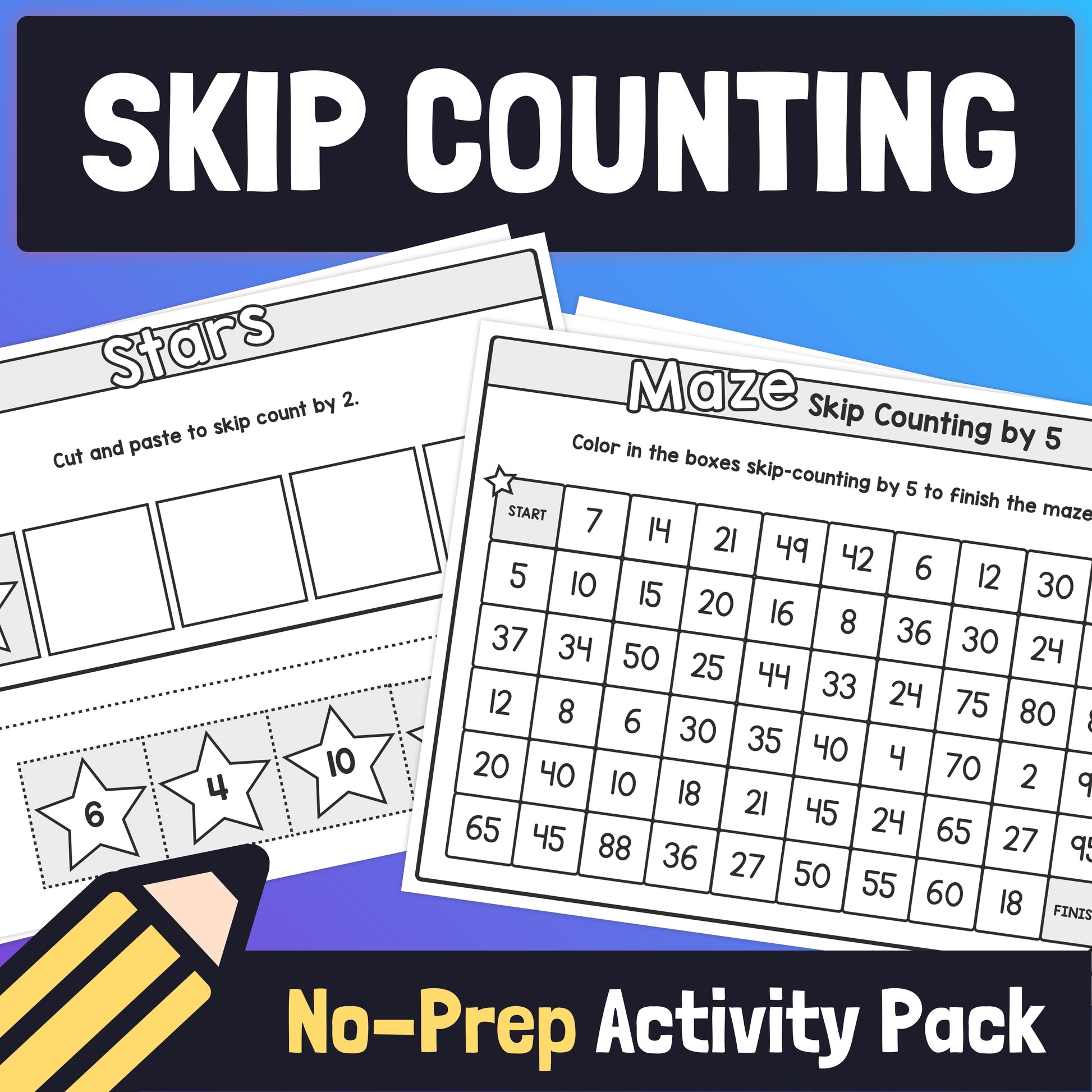 Skip counting worksheets with star and maze themes.