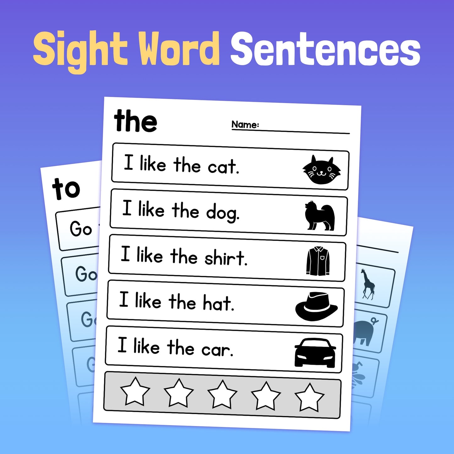 Sight word worksheet with sentences and images for 'the'.