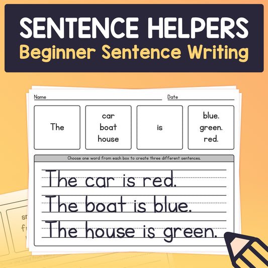 Worksheets introducing sentences with examples using colors and nouns.