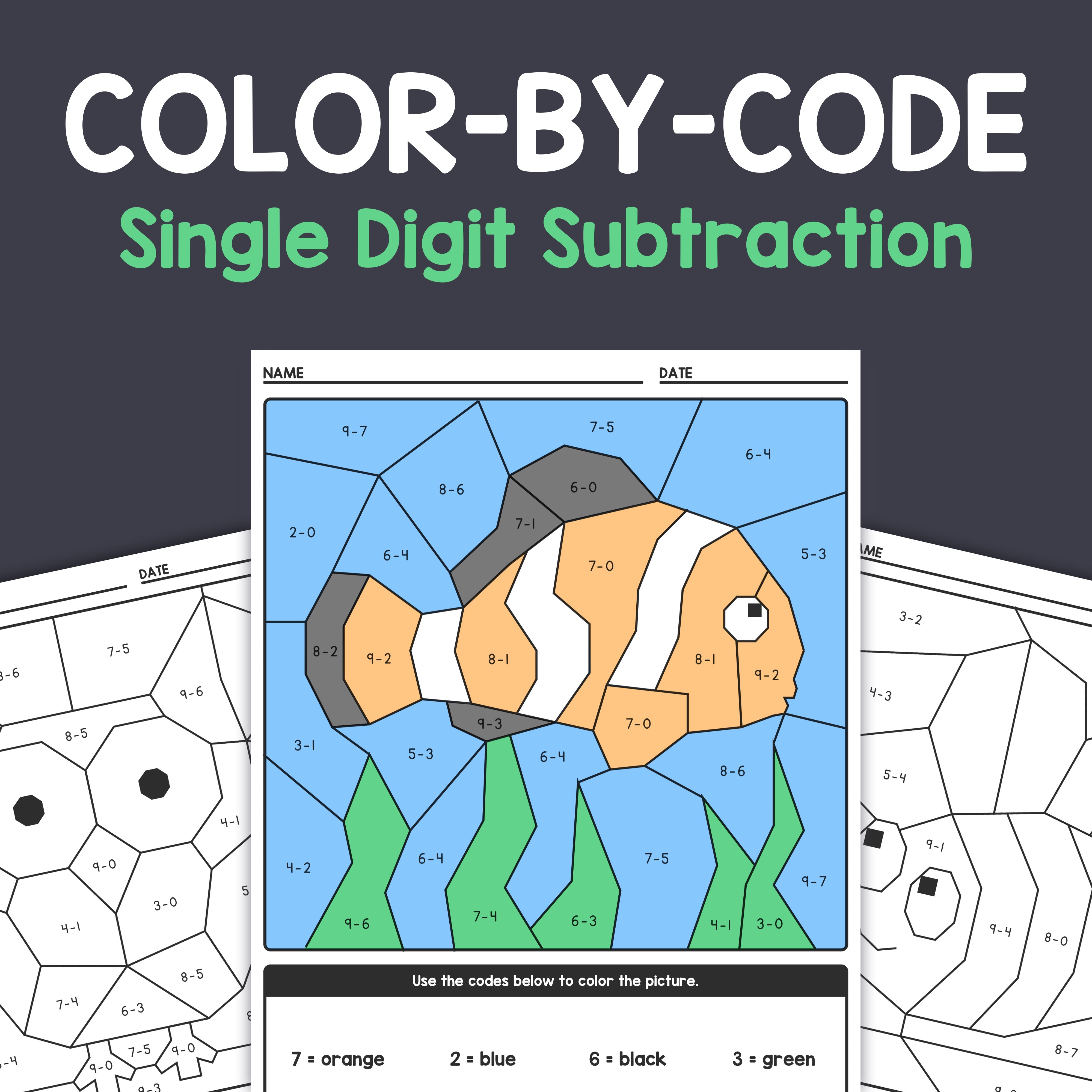 Color-by-Code Subtraction Worksheets (Printable PDF) – That Little Robot