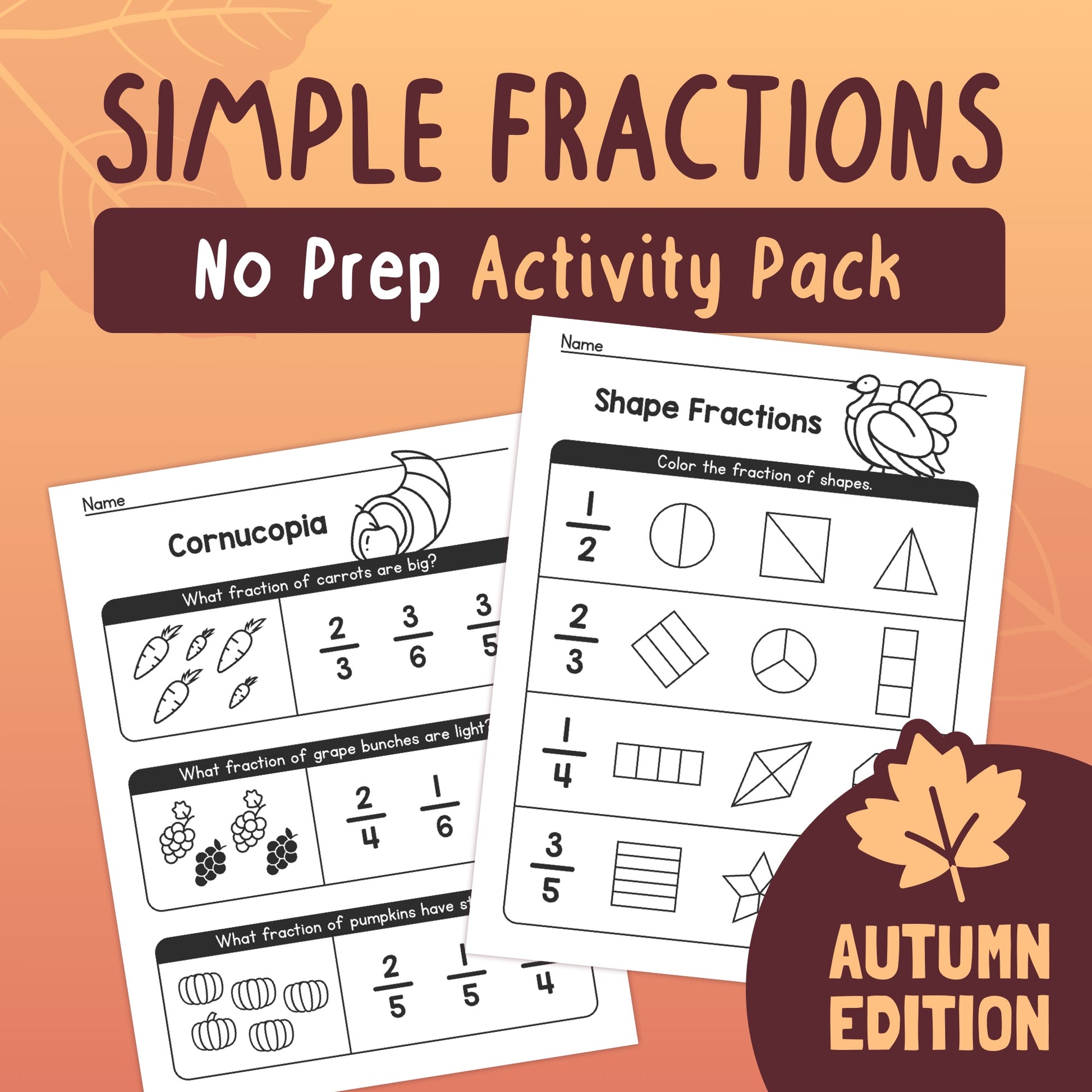 Simple fractions no prep activity pack - autumn edition
