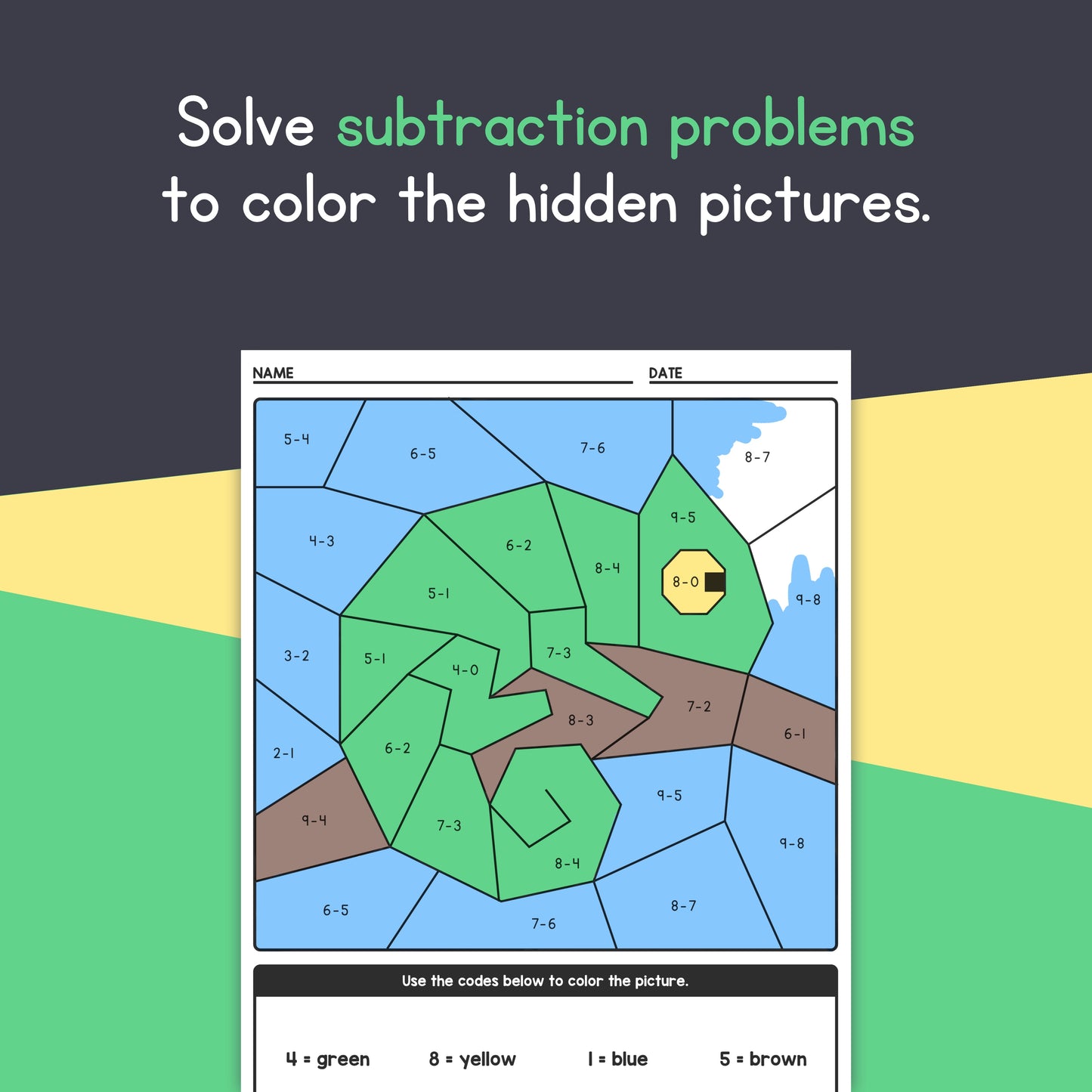 Color-by-code printable subtraction worksheets