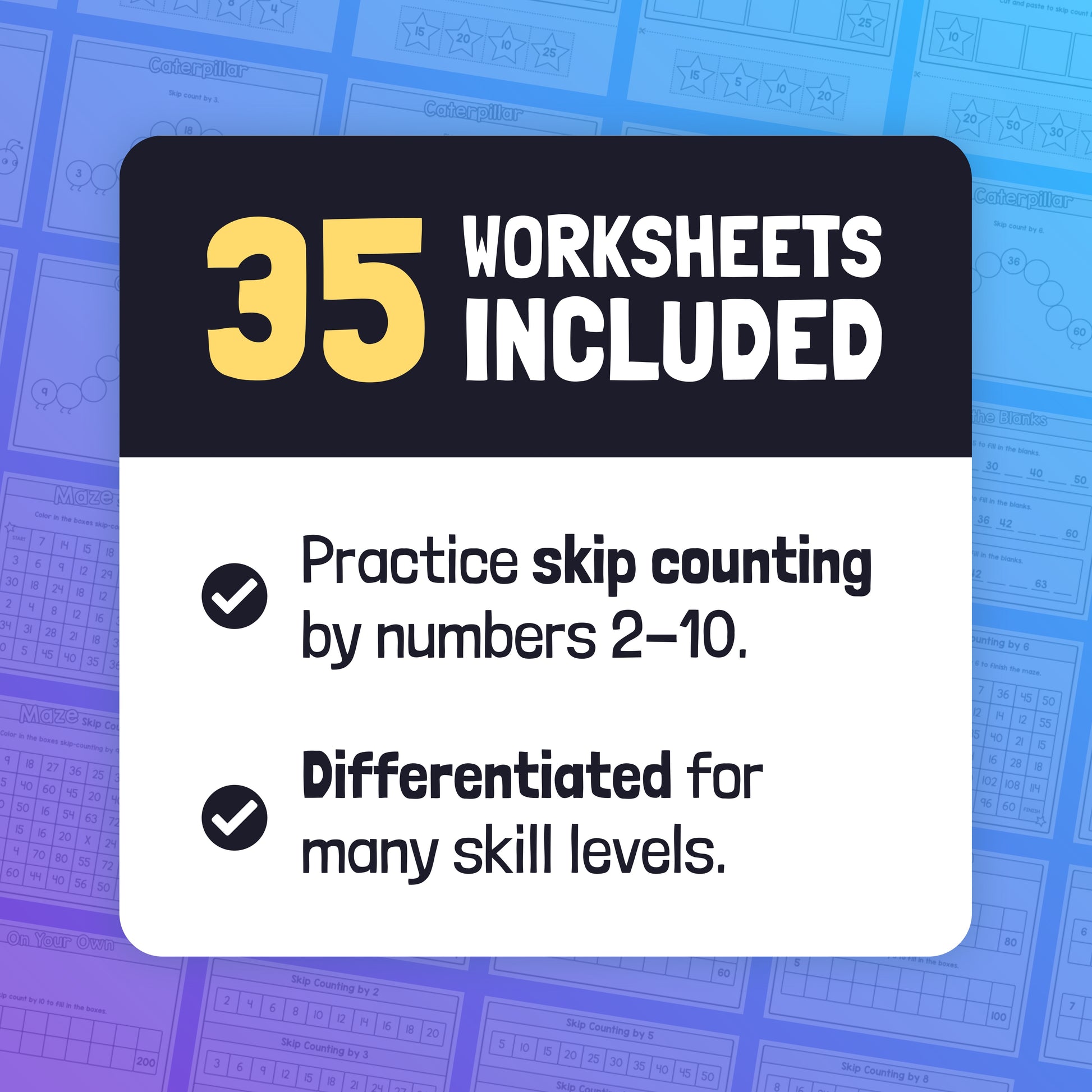 Text: "35 Skip Counting Worksheets Included. Differentiated levels for practice.