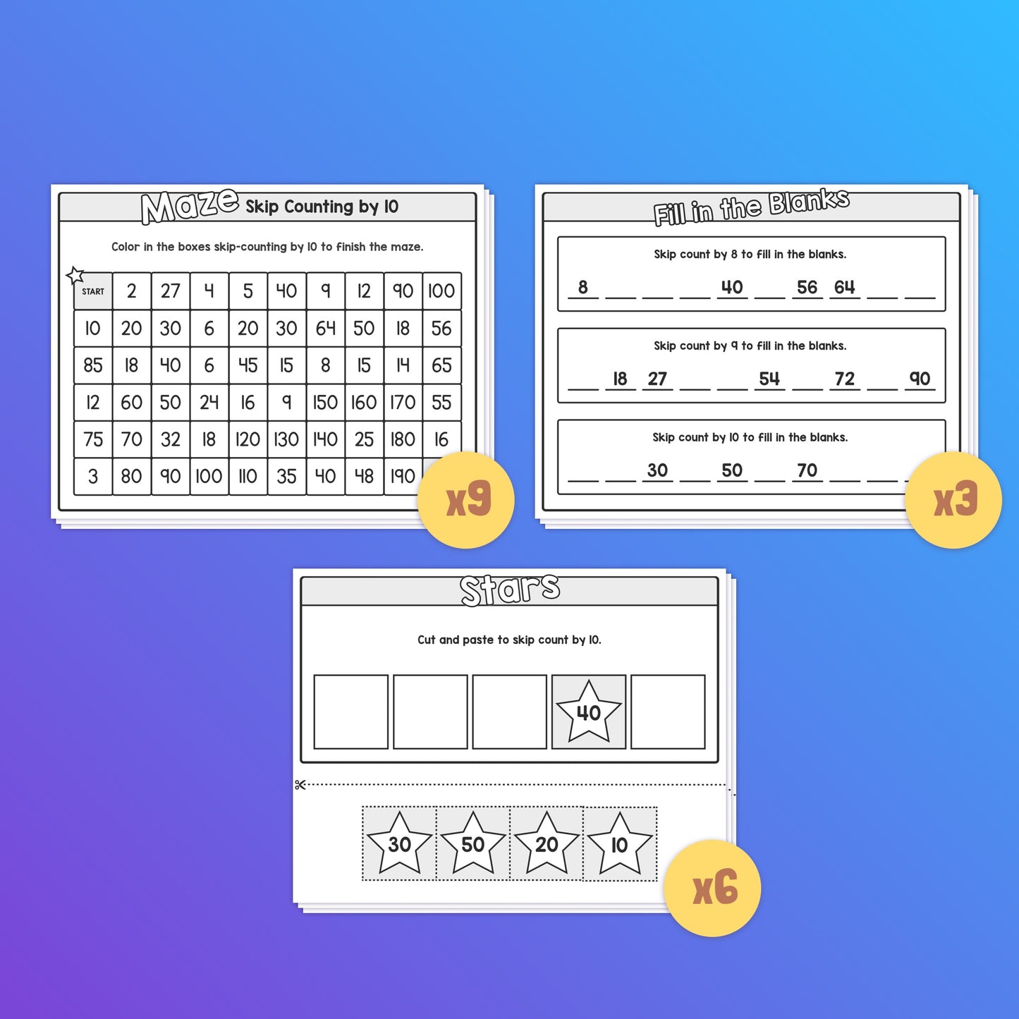 Skip counting worksheets with a maze, fill-in-the-blanks, and stars.