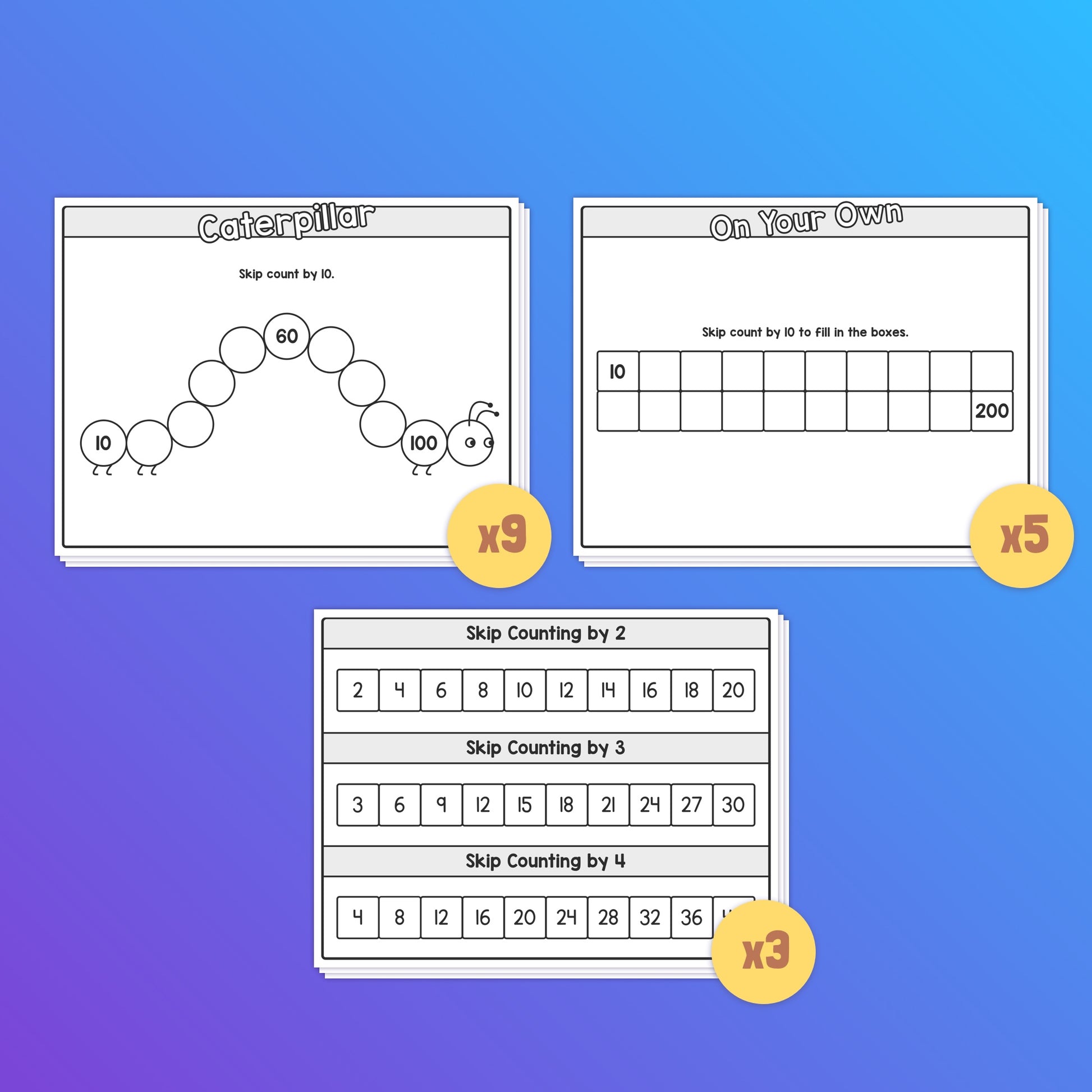 Skip counting worksheets with various exercises and multipliers displayed.