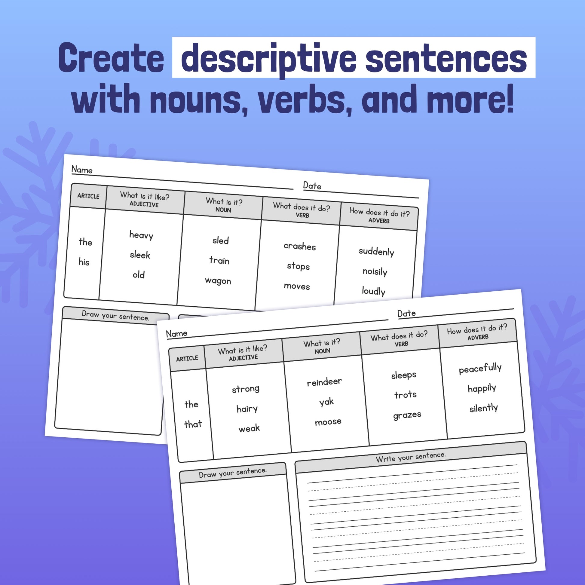 Two worksheets for creating descriptive sentences with nouns and verbs.