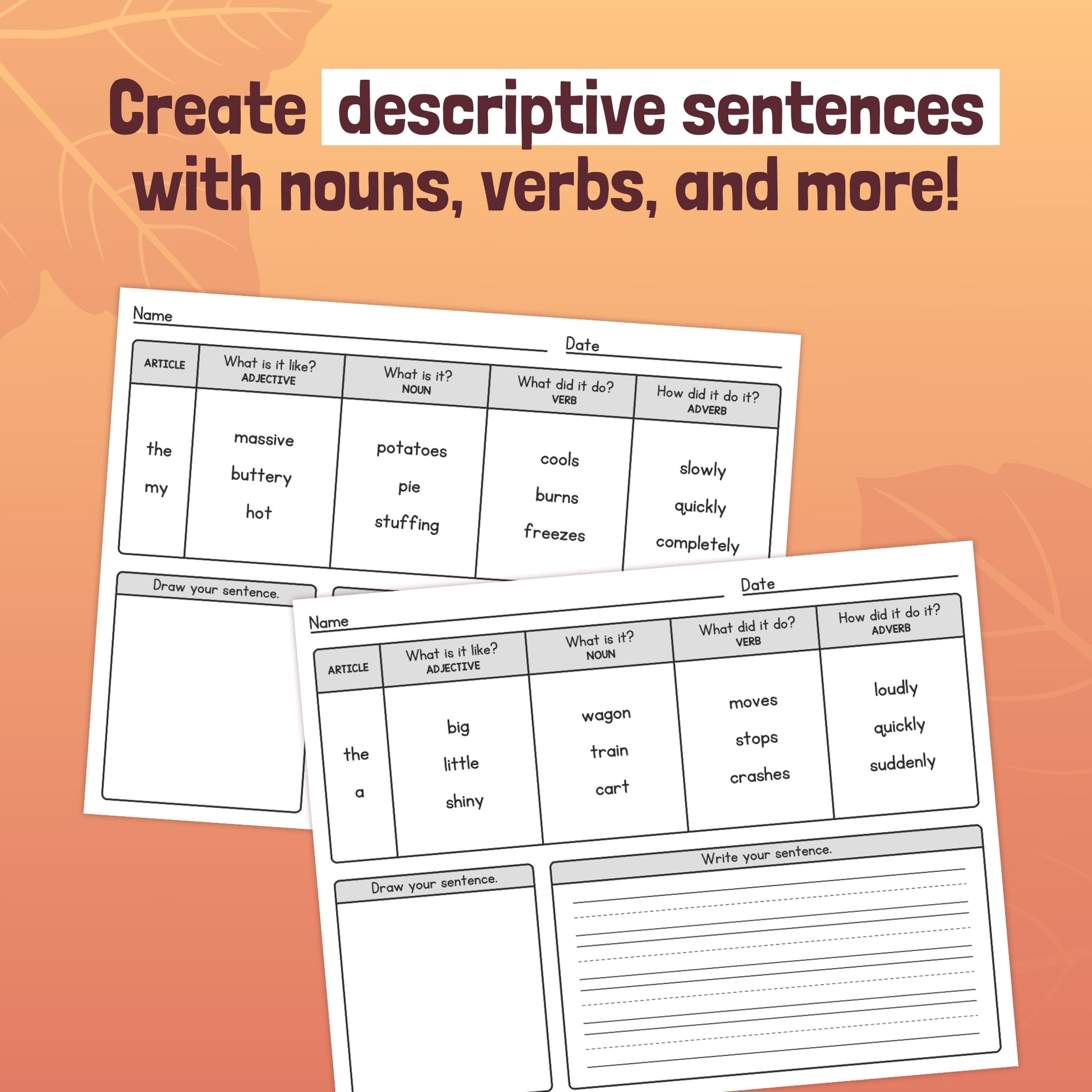 Differentiated autumn sentence writing worksheets