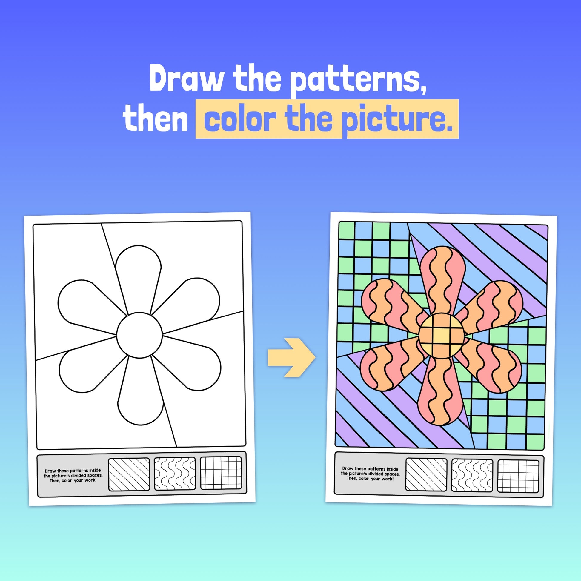 Uncolored flower pattern on the left, colored patterned flower on the right.