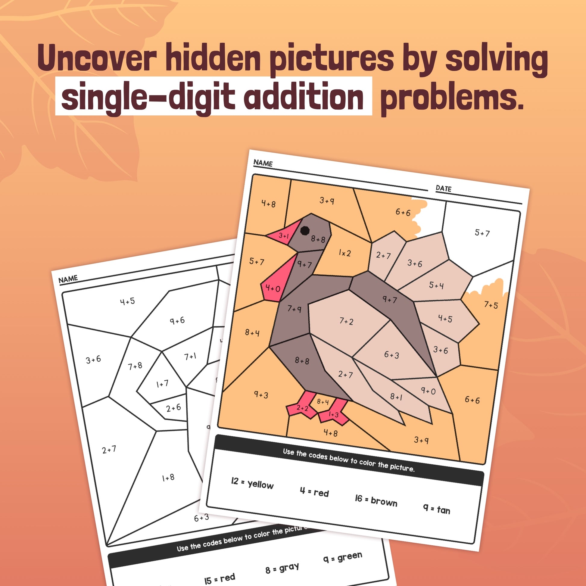 Single digit addition fall math activities