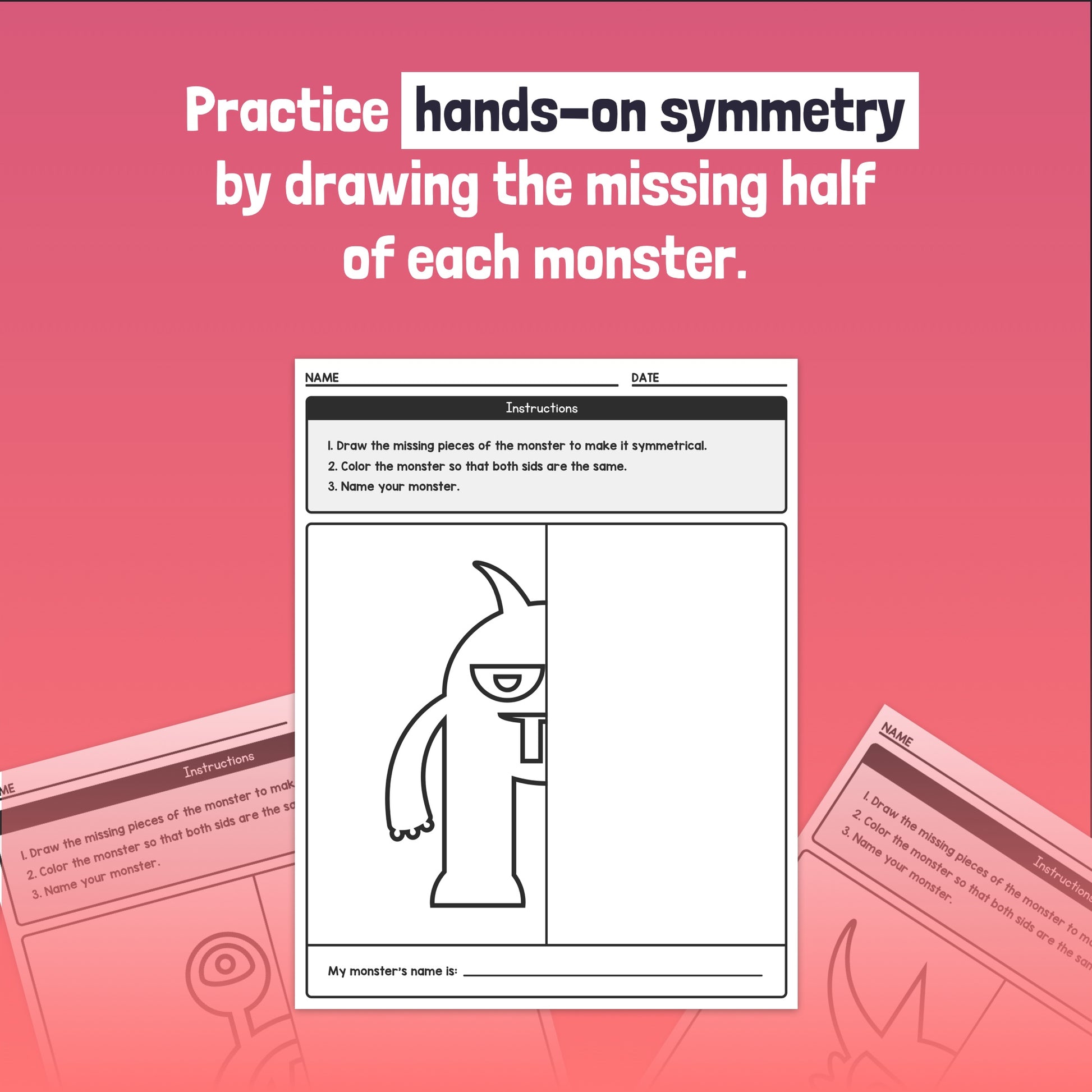 Kids' symmetry exercise: draw the missing half of a monster.