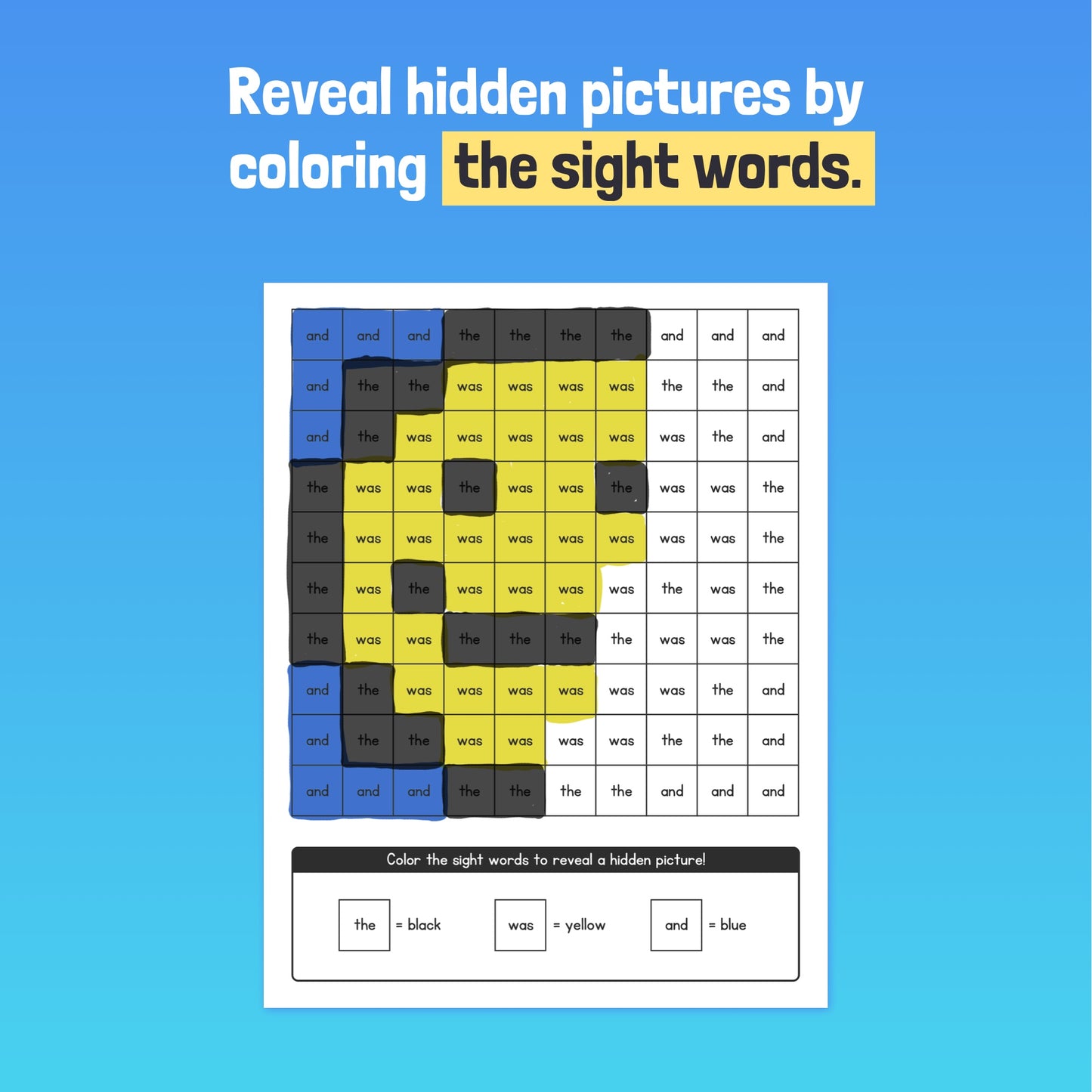 Grid puzzles with sight words that reveal a hidden picture and include instructions.