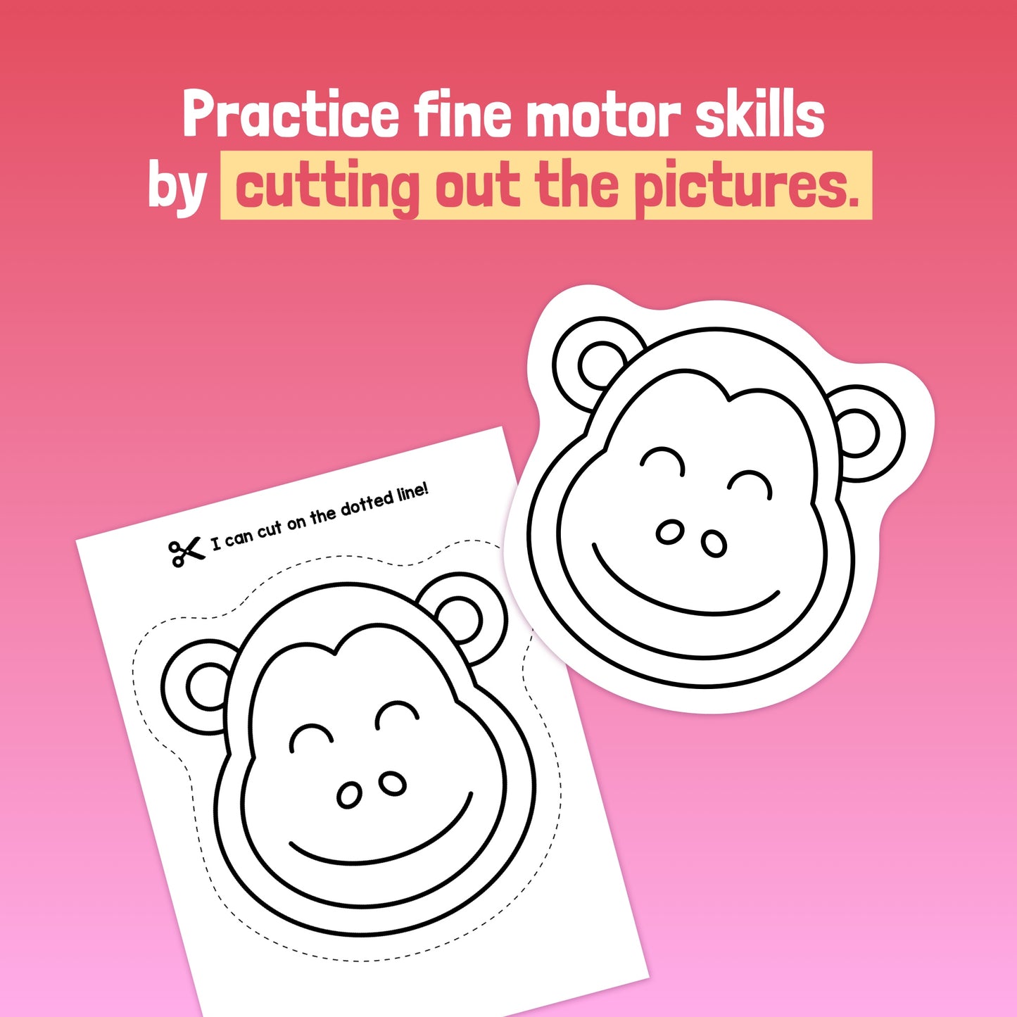 Monkey-shaped cutout for fine motor skills practice, one partially cut out.