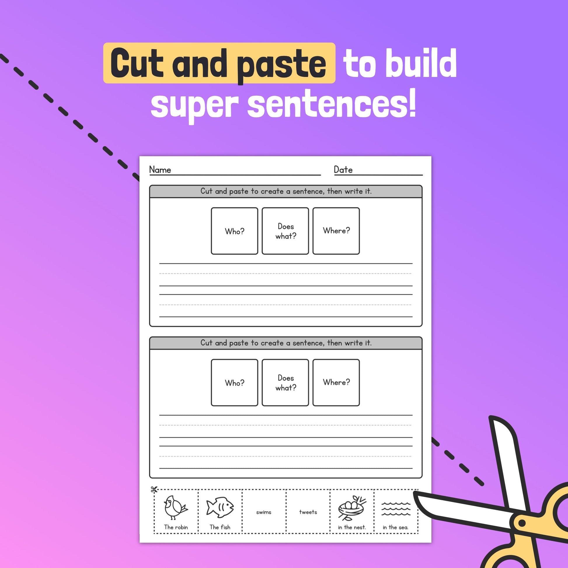 Cut and paste worksheet for building sentences; scissors illustrated on the side.