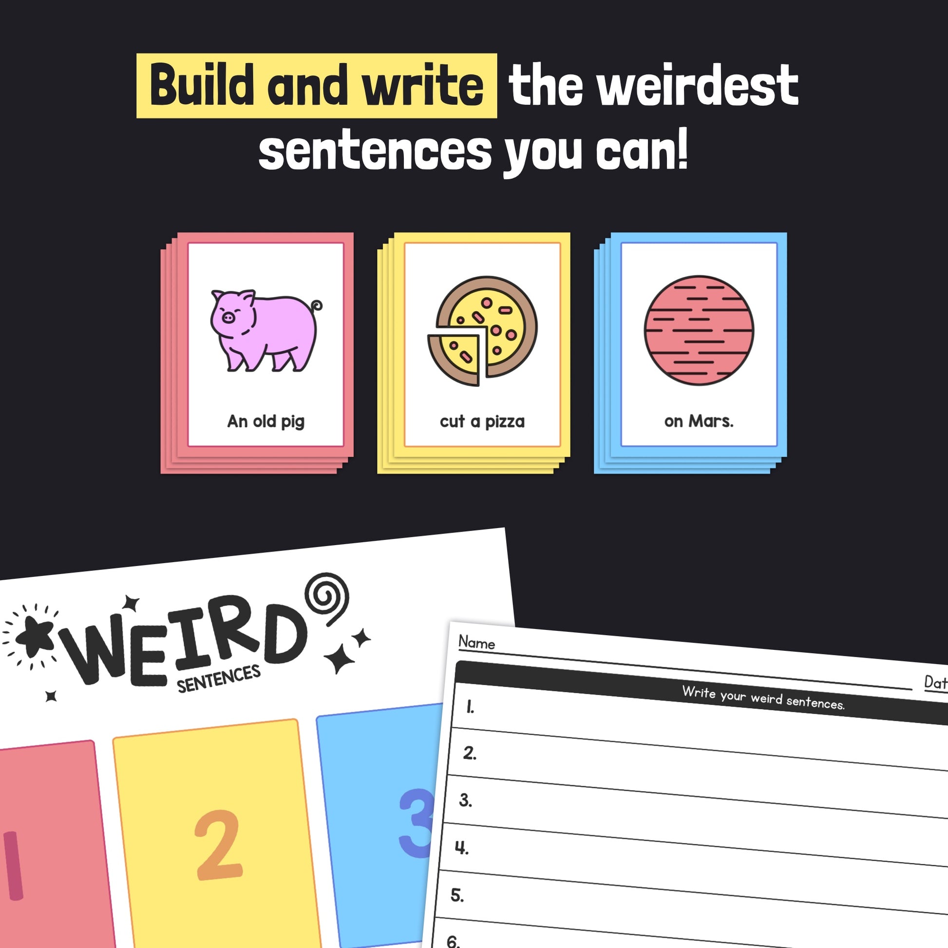 Game cards and worksheet for creating quirky sentences with illustrations.