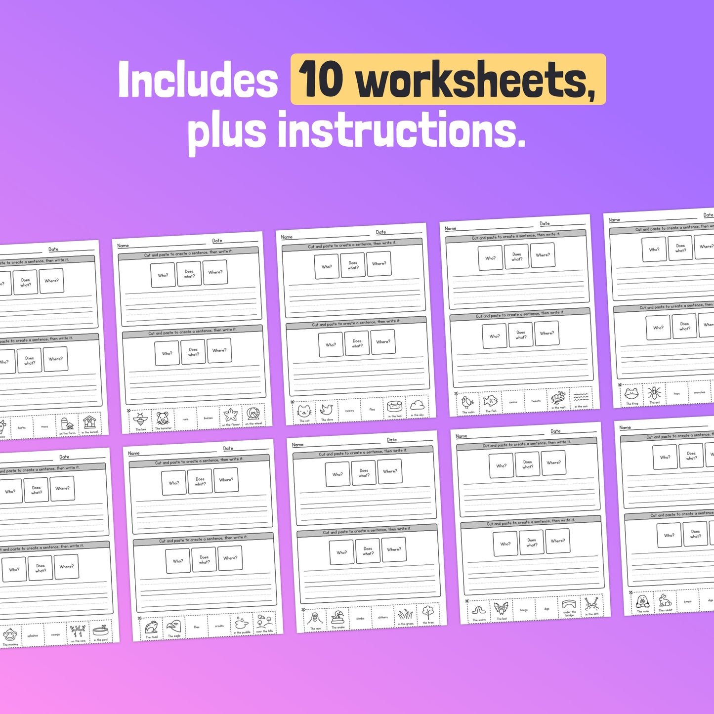 Diagram of Sentence Sorting Worksheets with text stating "Includes 10 worksheets, plus instructions.