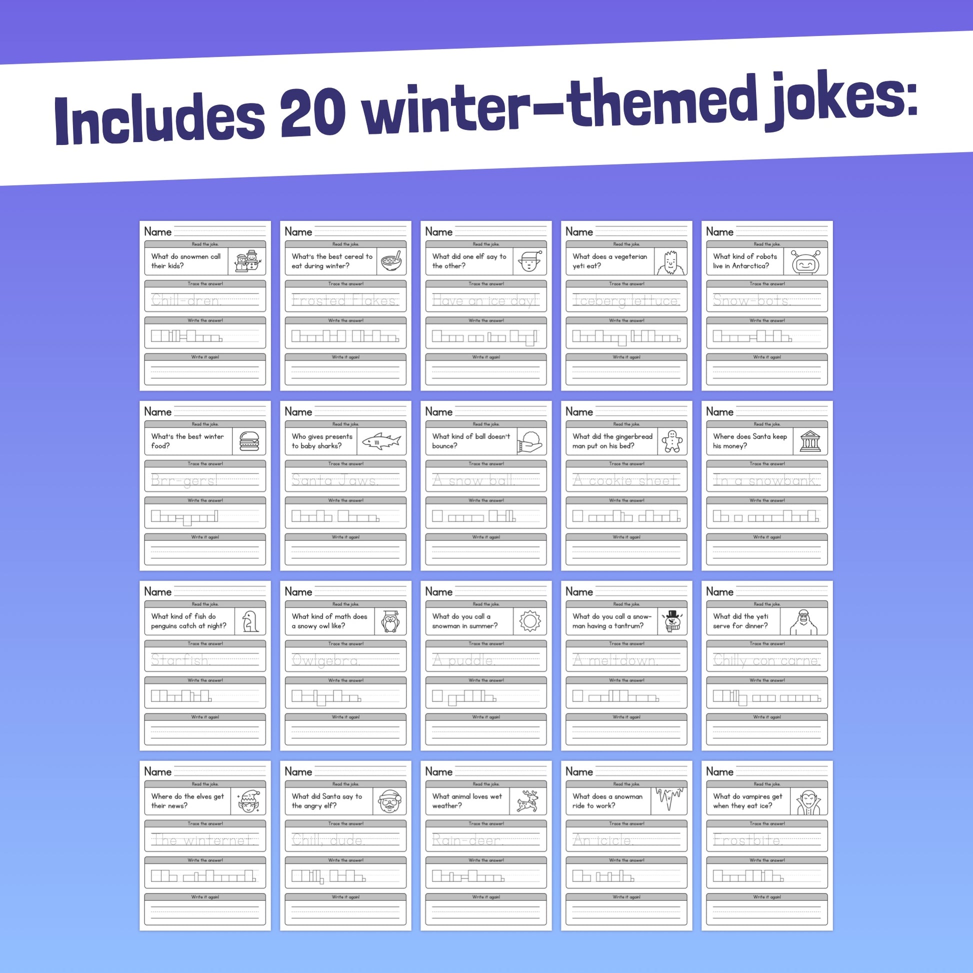 Twenty Winter Jokes Handwriting Worksheets in PDF format.