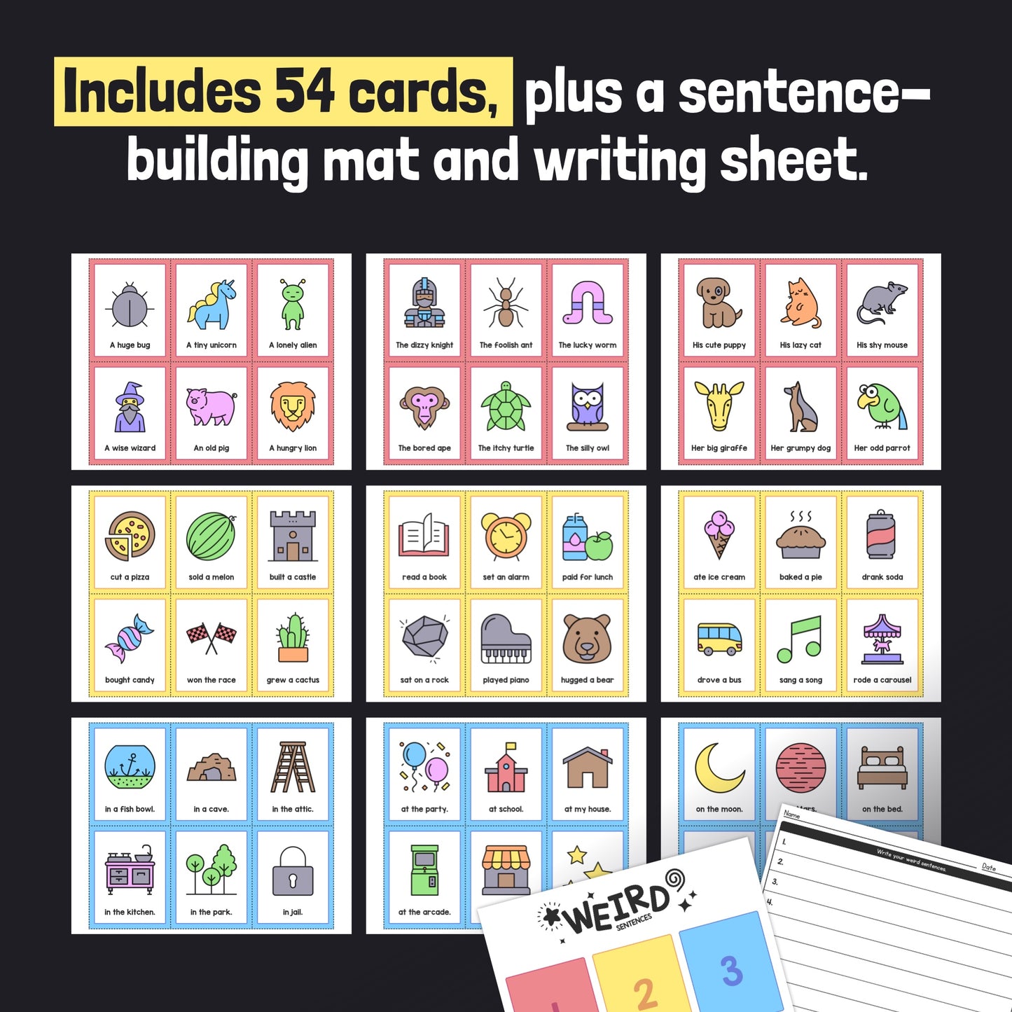 Image showing 54 cards with icons, a sentence mat, and a writing sheet.