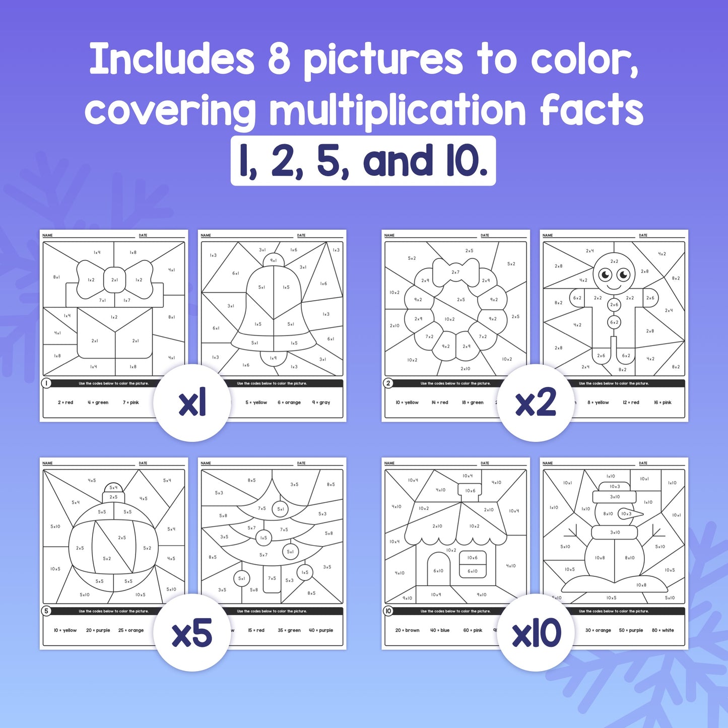 Winter Color-by-Code Multiplication Worksheets