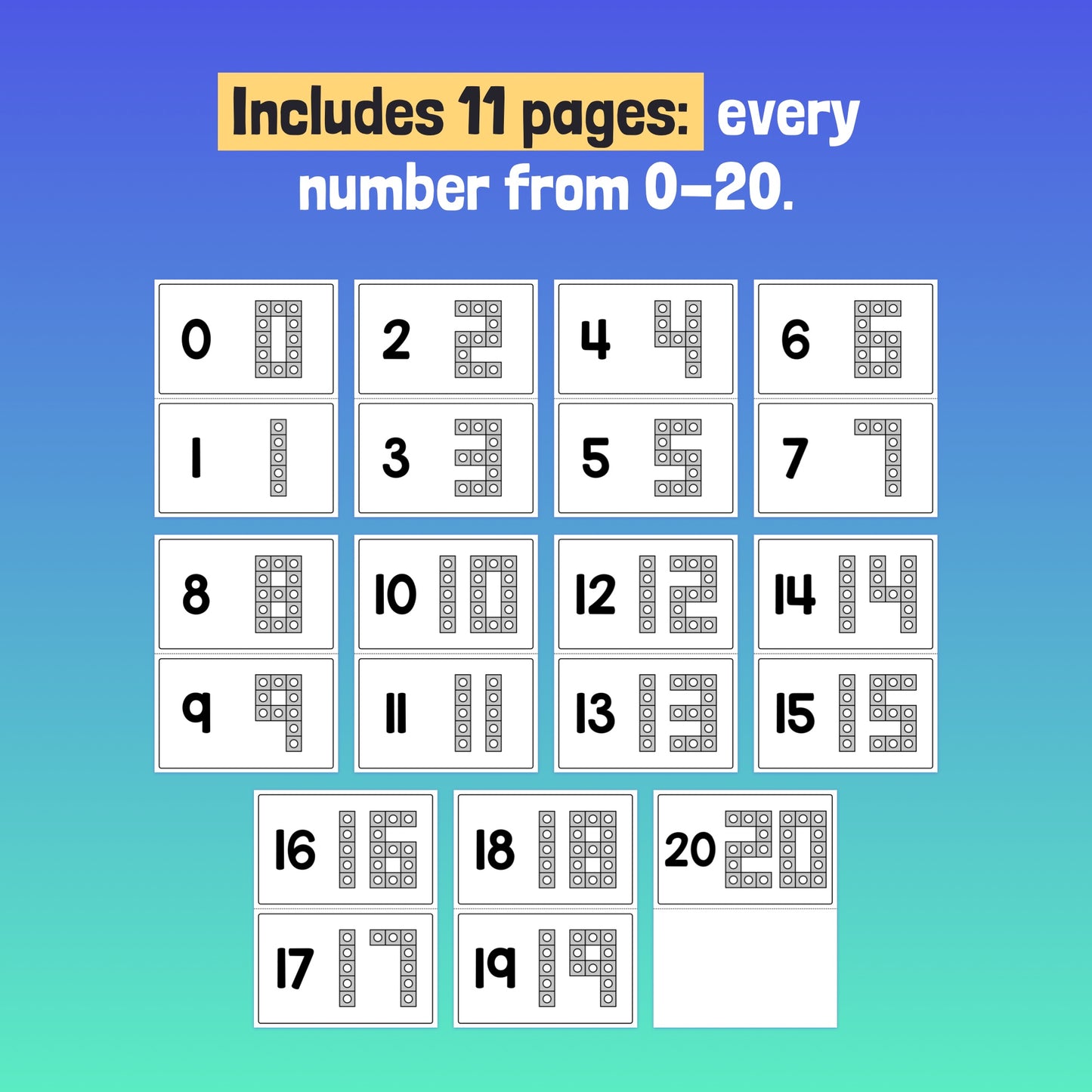 Number mats with charts from 0 to 20 and block illustrations on each page.