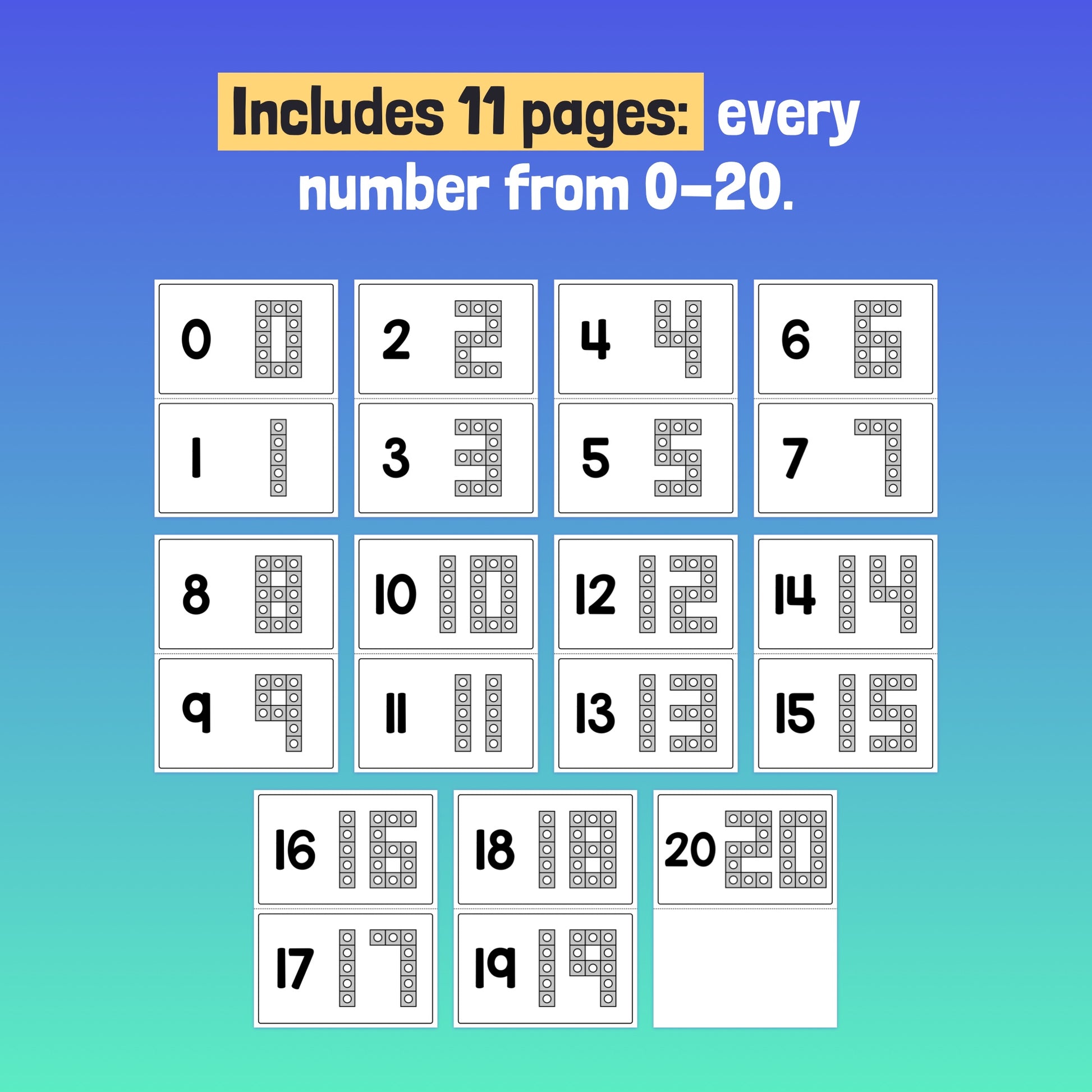 Number mats with charts from 0 to 20 and block illustrations on each page.