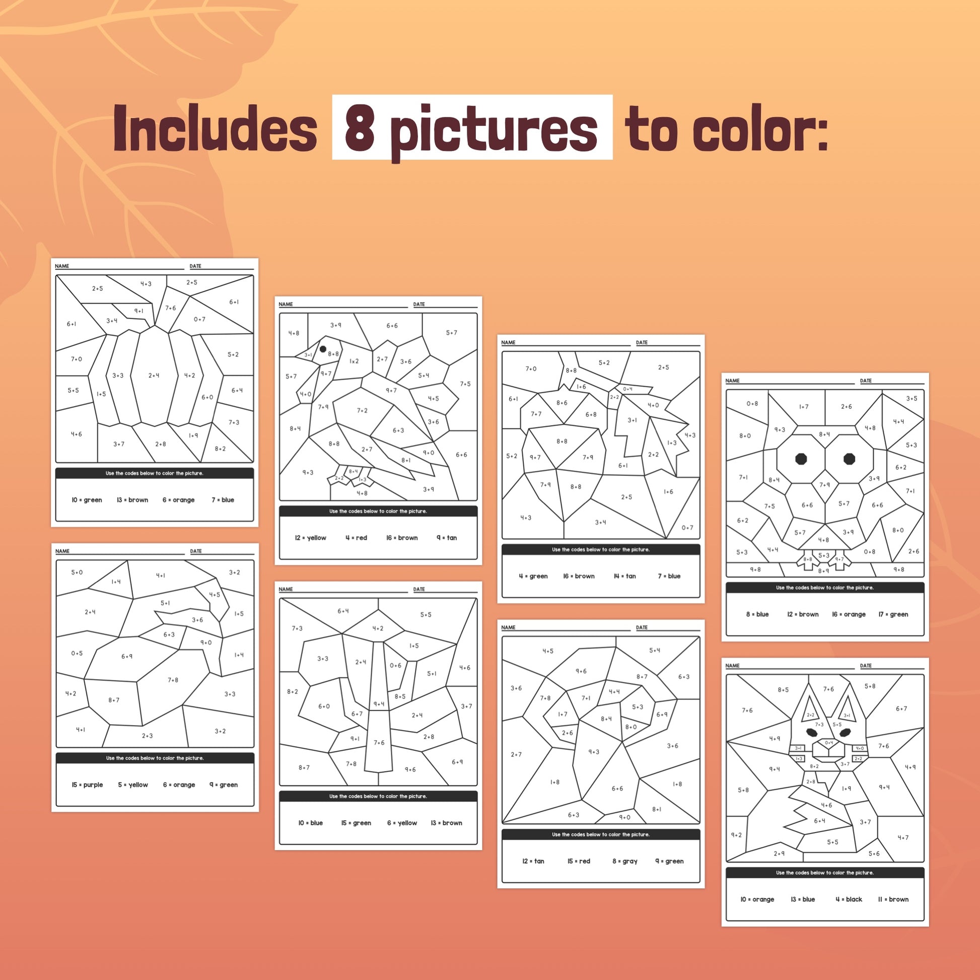 October, November, Halloween, and Thanksgiving math coloring sheets 