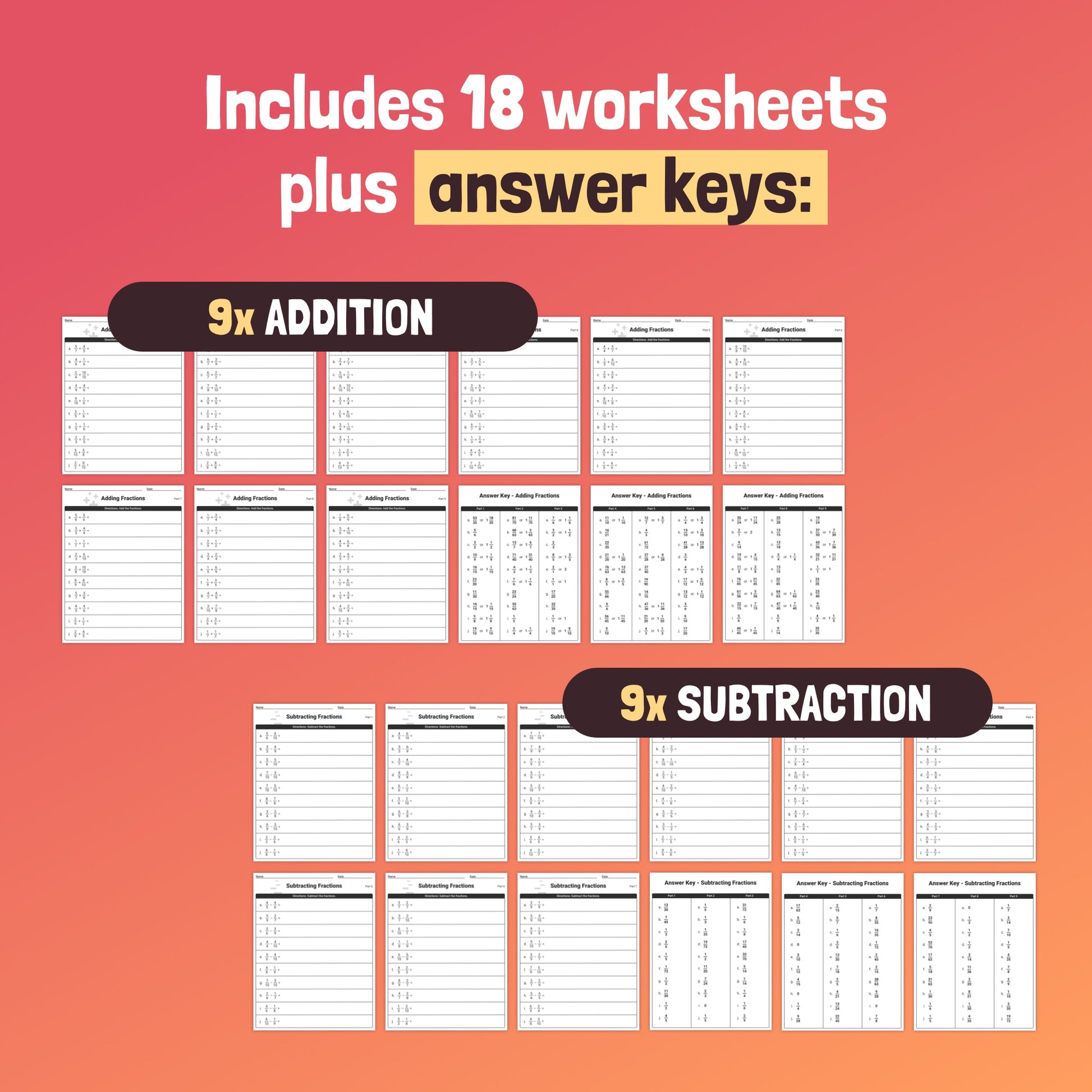 Fraction drills and answer keys
