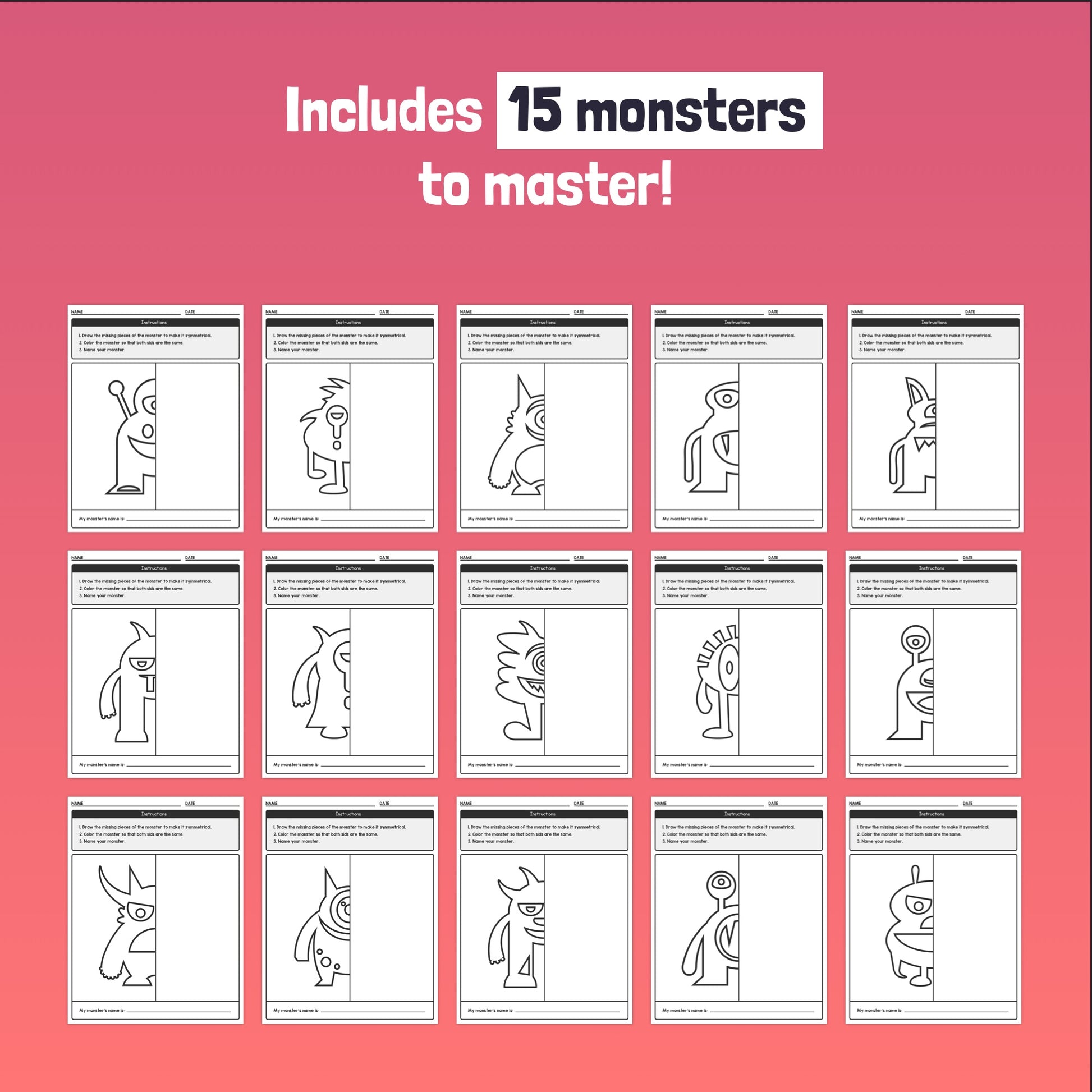 Fifteen monster-themed symmetry worksheets for educational use.