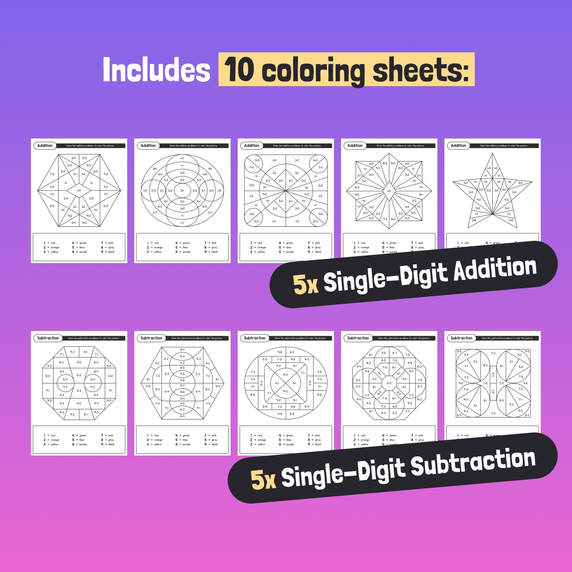 Addition & subtraction coloring activities