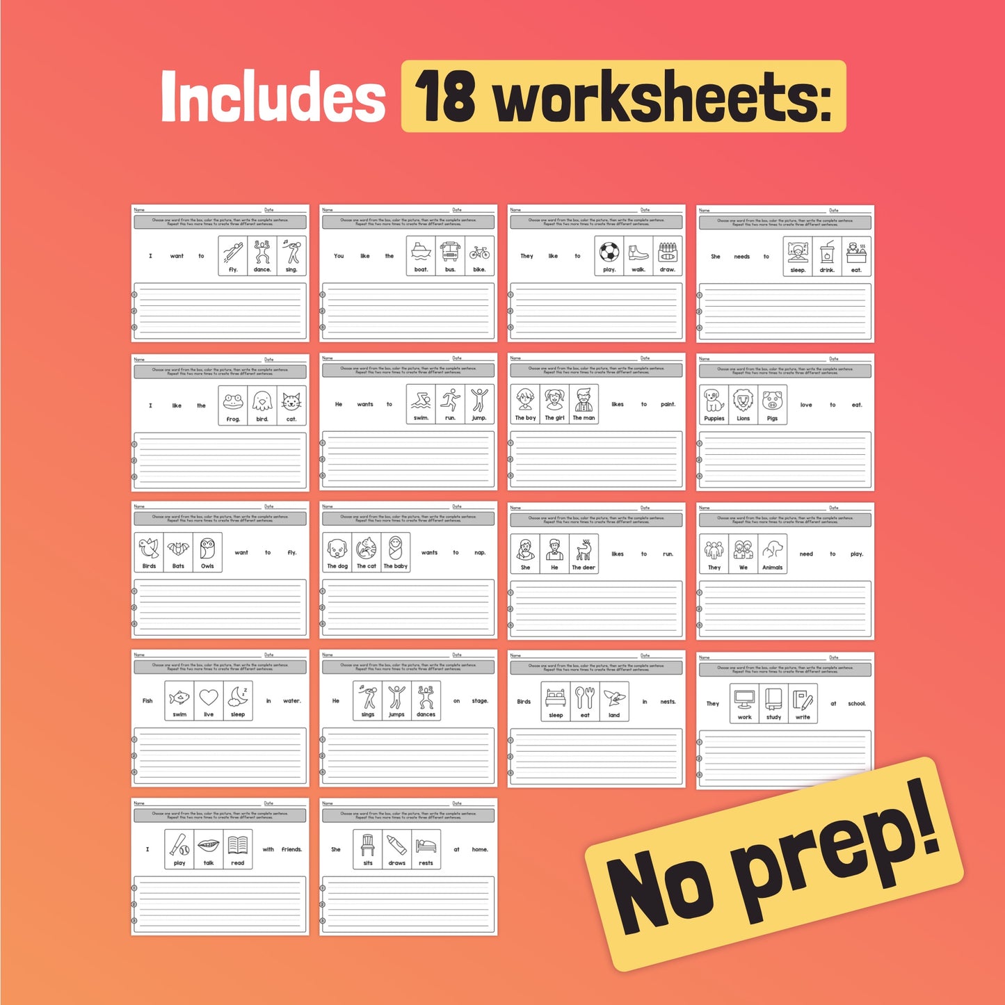 18 Sentence Helper Worksheets for kids with a "No prep!" label.