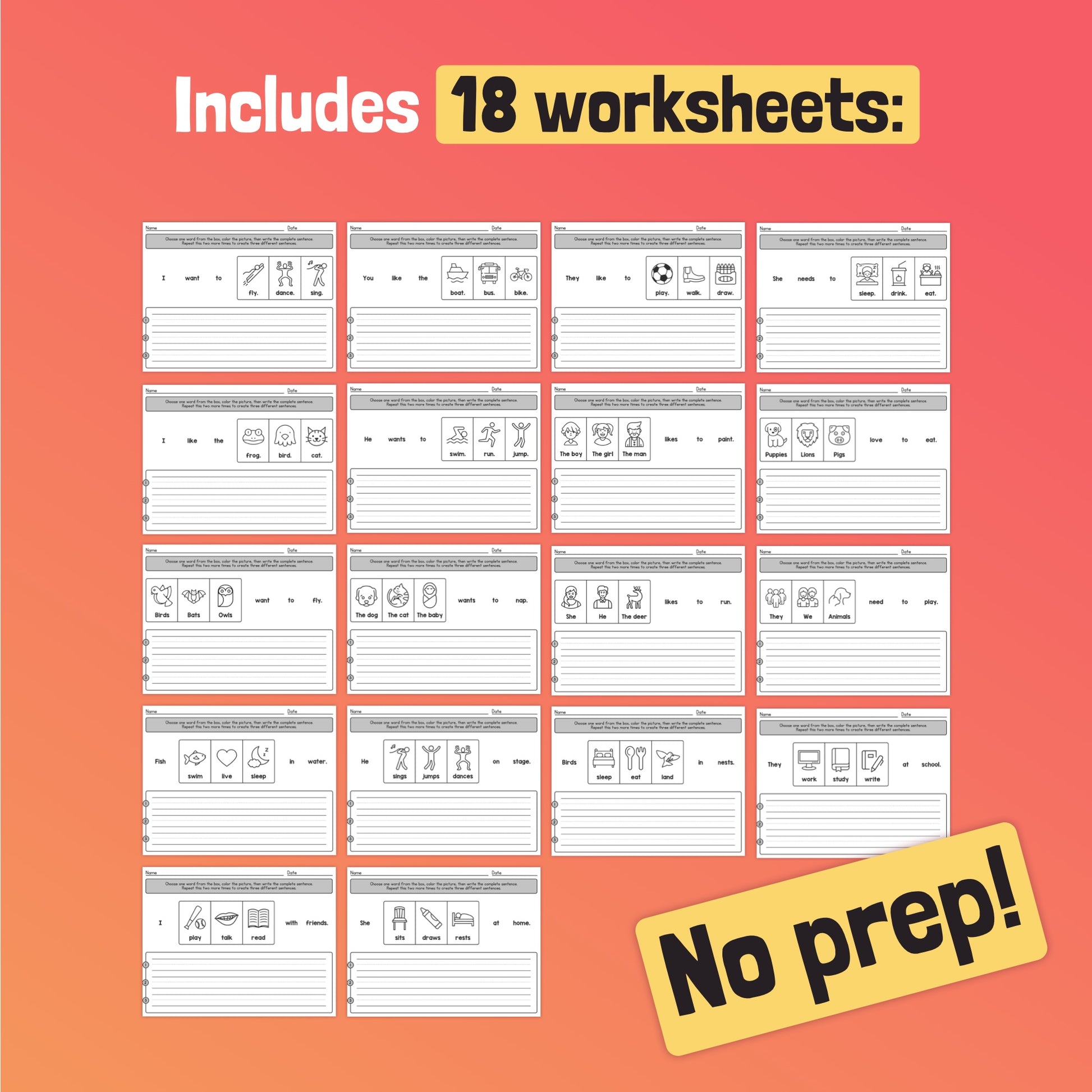 18 Sentence Helper Worksheets for kids with a "No prep!" label.