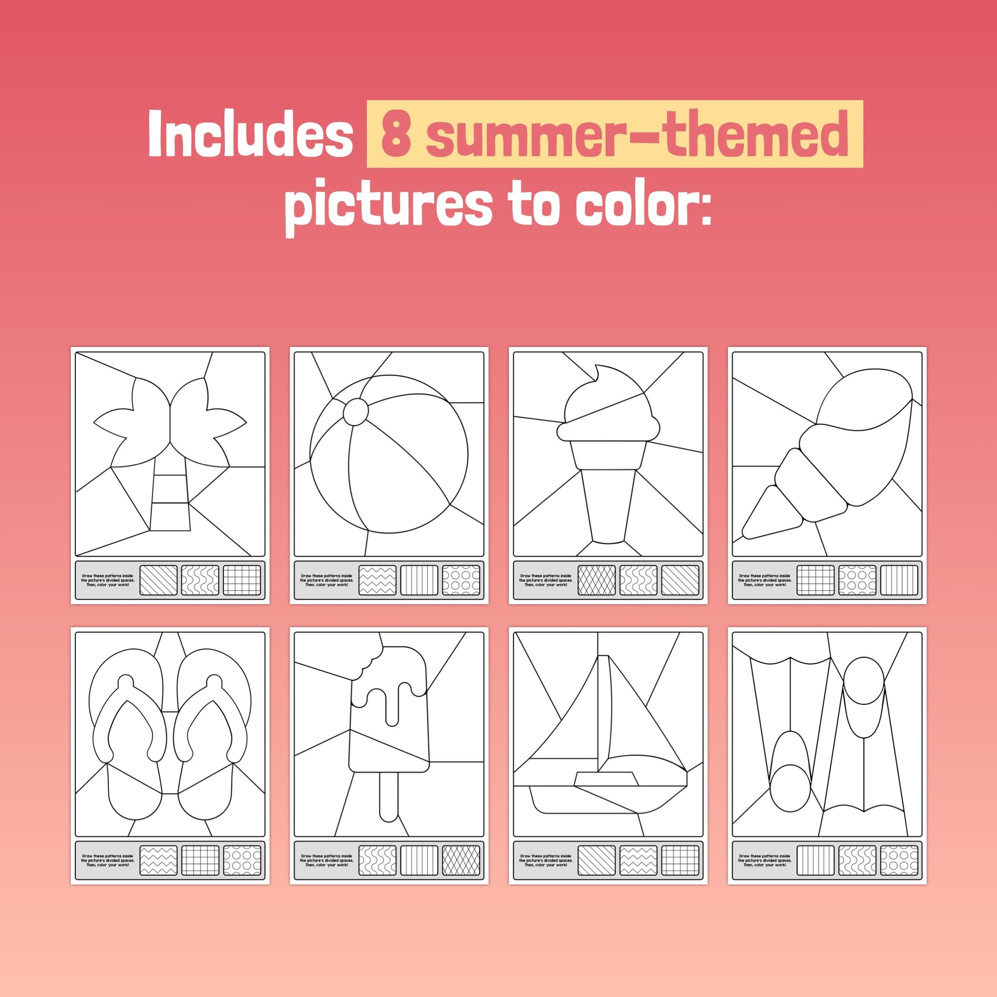 Eight summer-themed coloring sheets with simple line drawings of seasonal items.