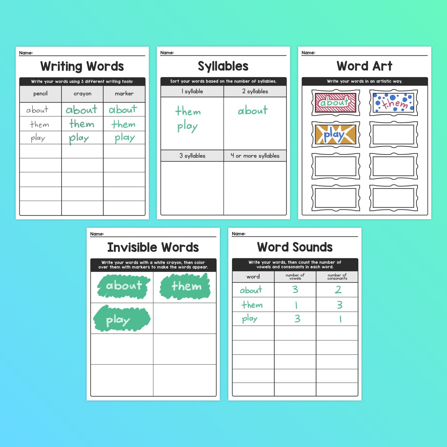 Five worksheets titled "Writing Words," "Syllables," "Word Art," "Invisible Words," and "Word Sounds.