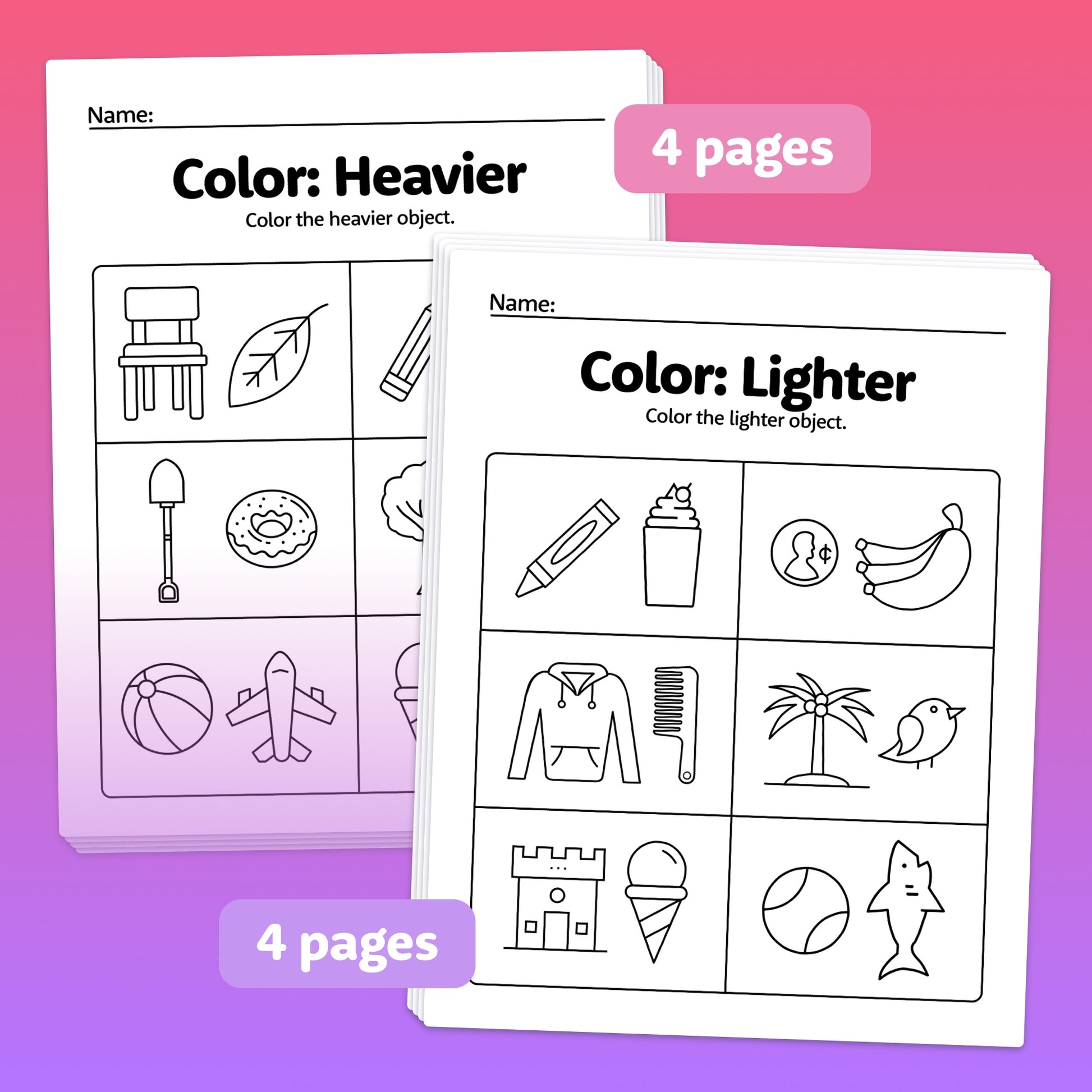 Two worksheets titled "Color: Heavier" and "Color: Lighter," each with 4 pages.