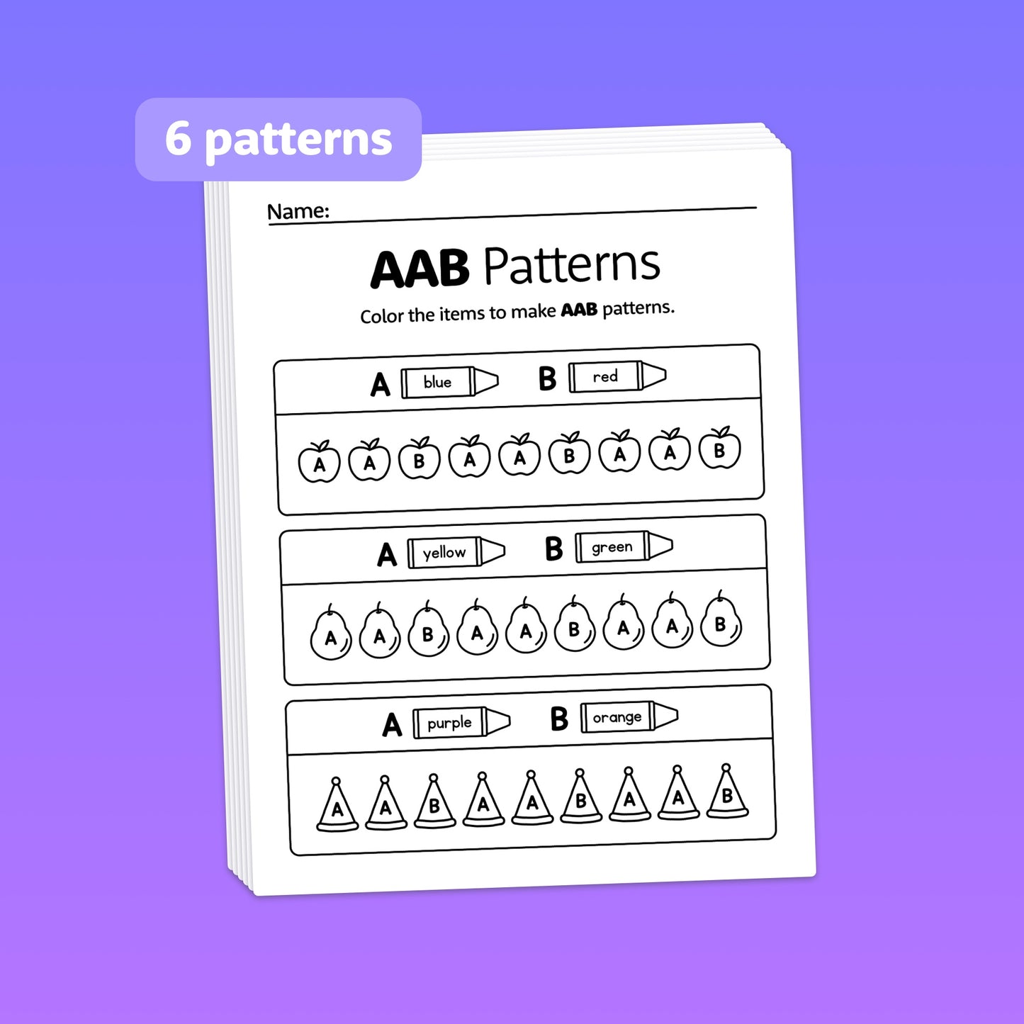 AAB pattern worksheets with color pencils.