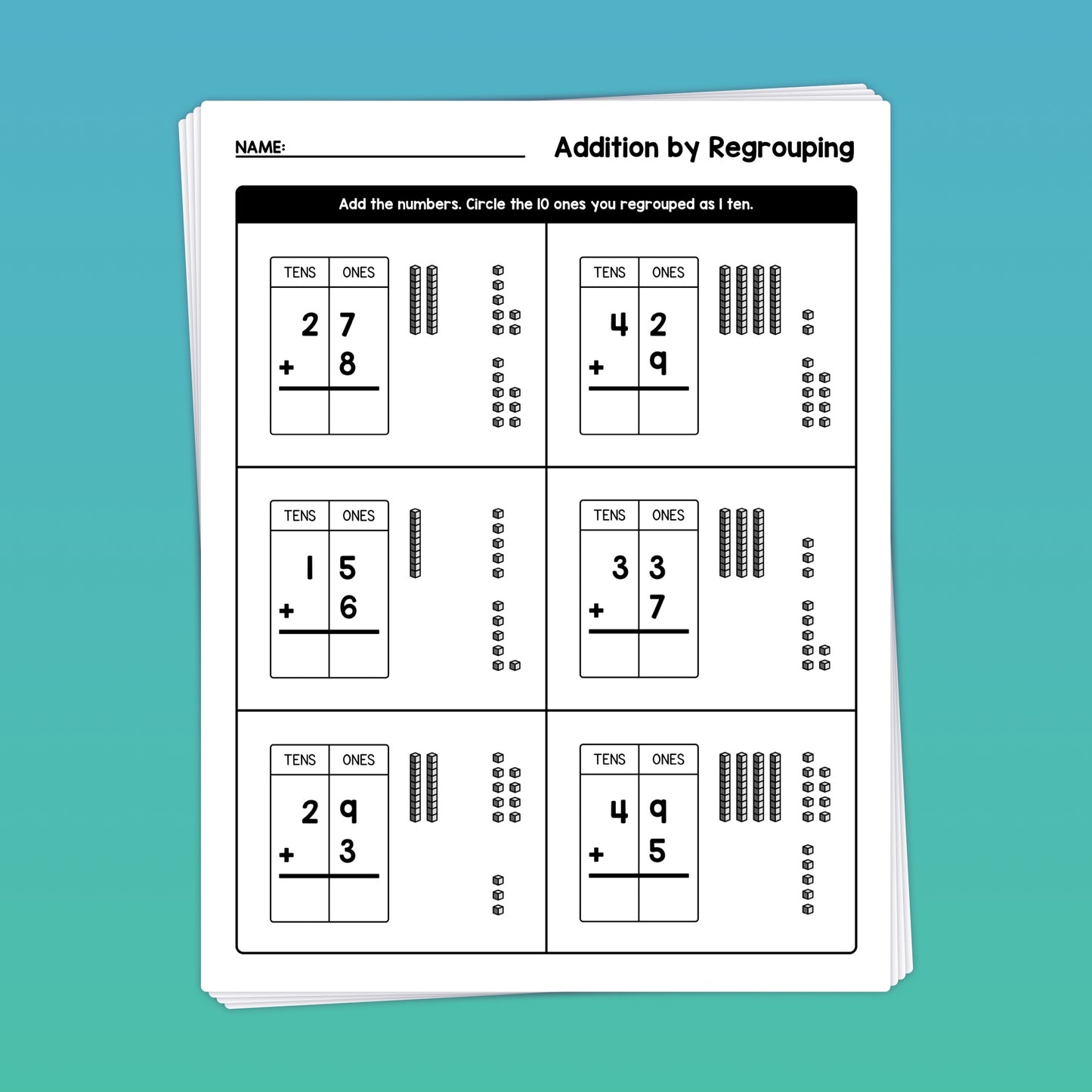 addition by regrouping with base ten blocks