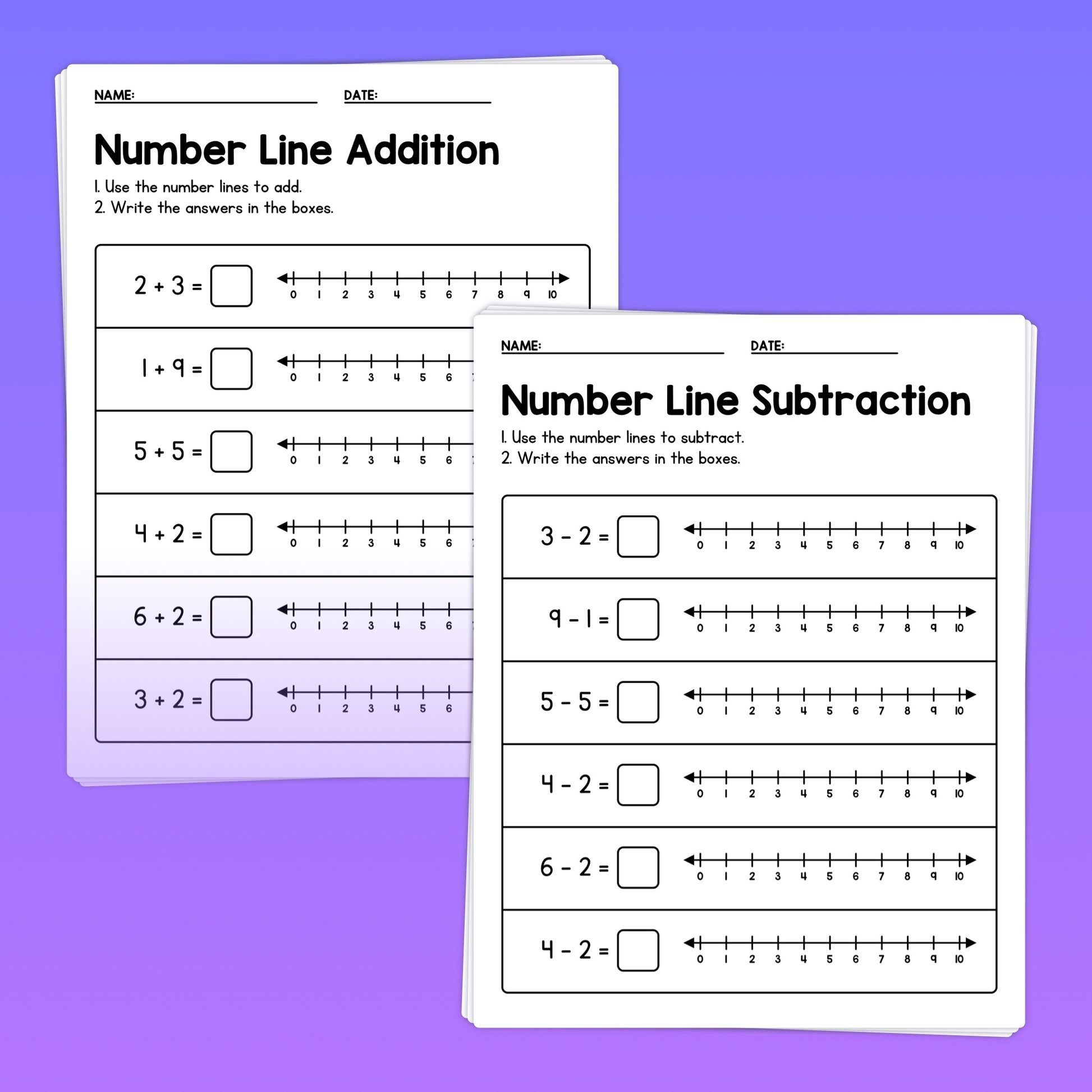 Addition and subtraction on a number line worksheets