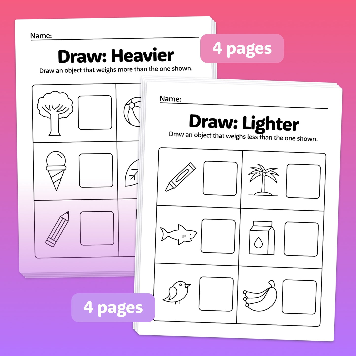 Two activity sheets labeled "Heavier" and "Lighter," each containing 4 pages with prompts.