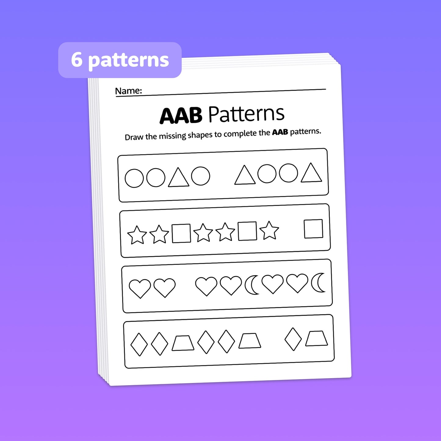 Worksheets displaying shapes in AAB patterns.