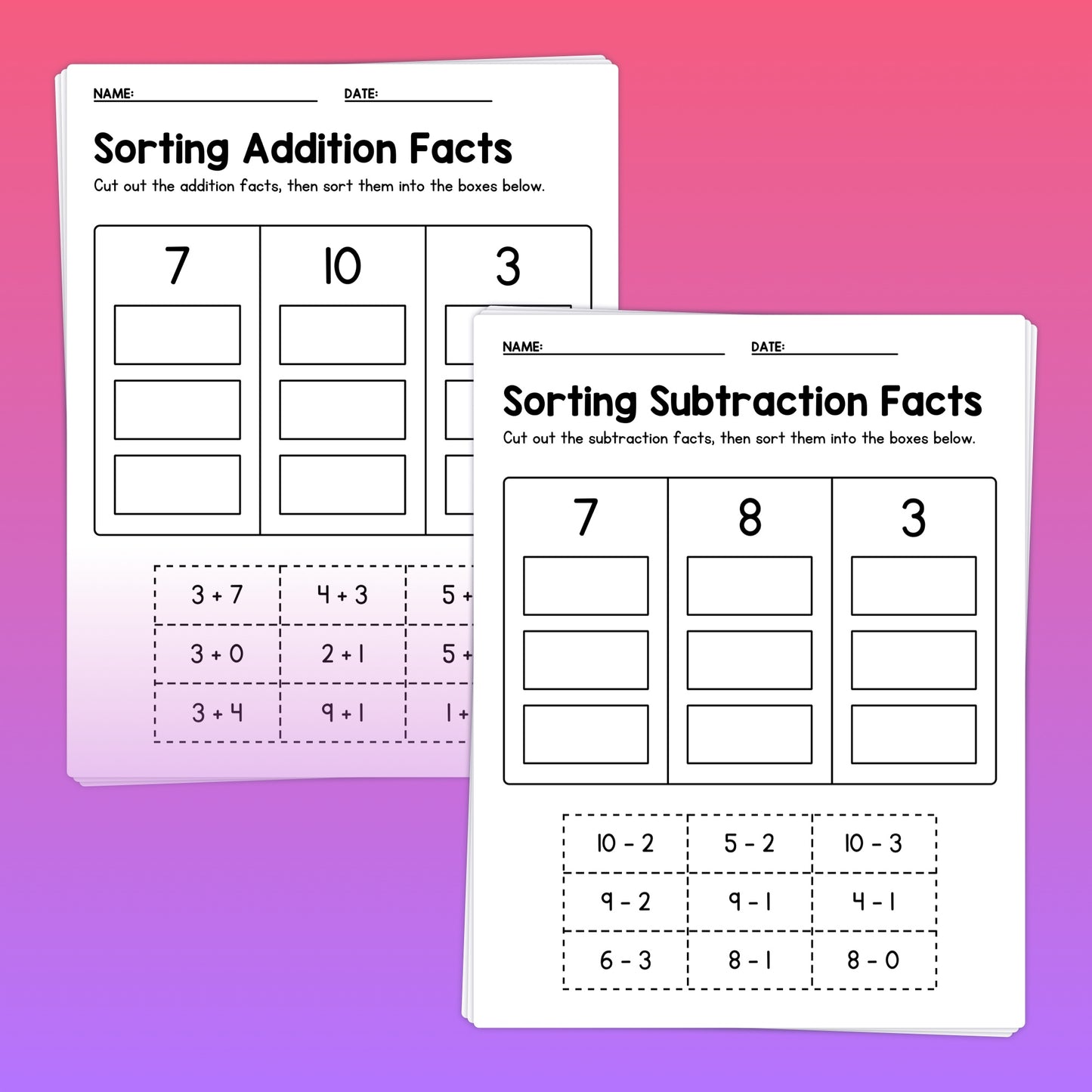 Sorting addition and subtraction facts worksheets