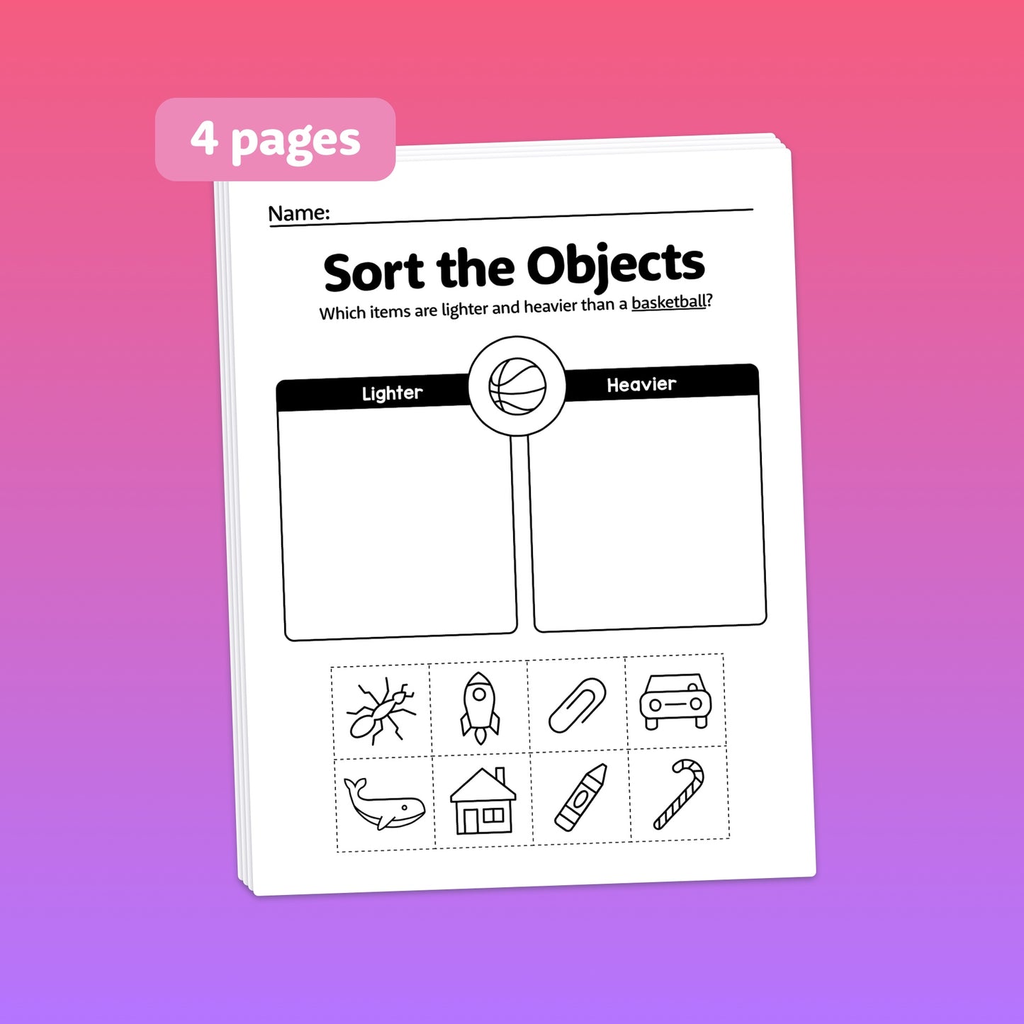 Worksheet titled "Nonstandard Weight Worksheets: Sort the Objects" with images to categorize.