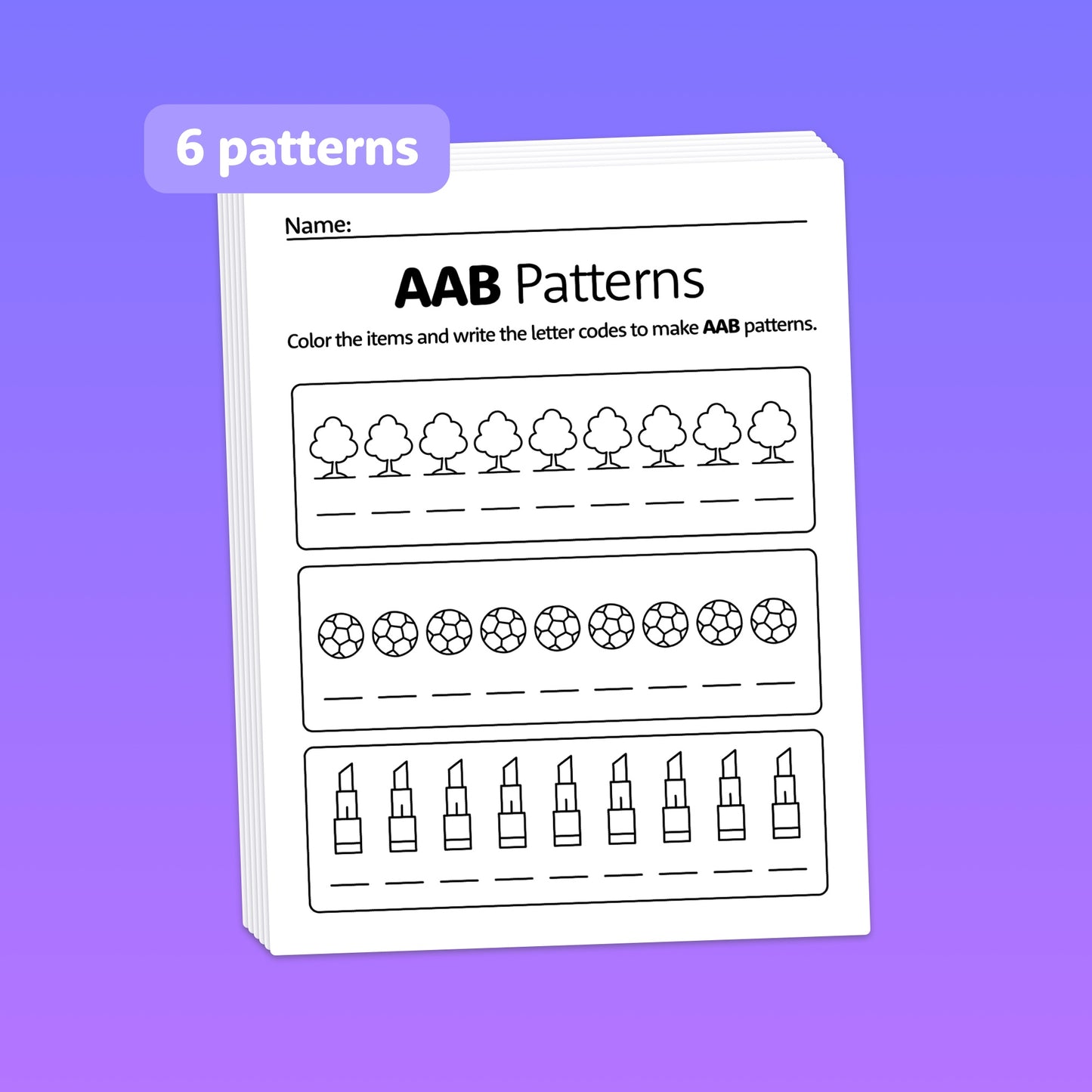 Worksheet titled "AAB Patterns" with trees, soccer balls, and pencils to color.