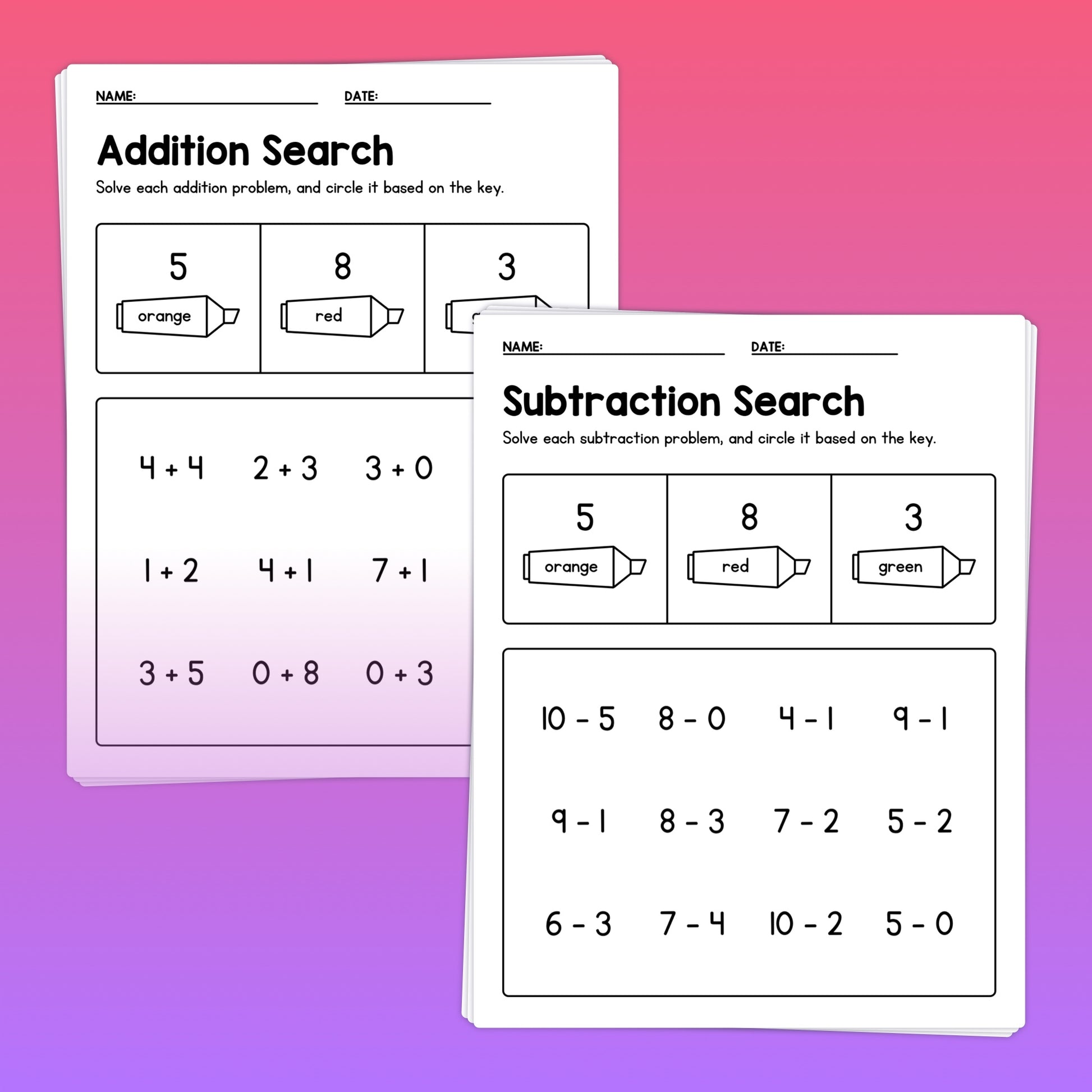 Addition and subtraction search activities
