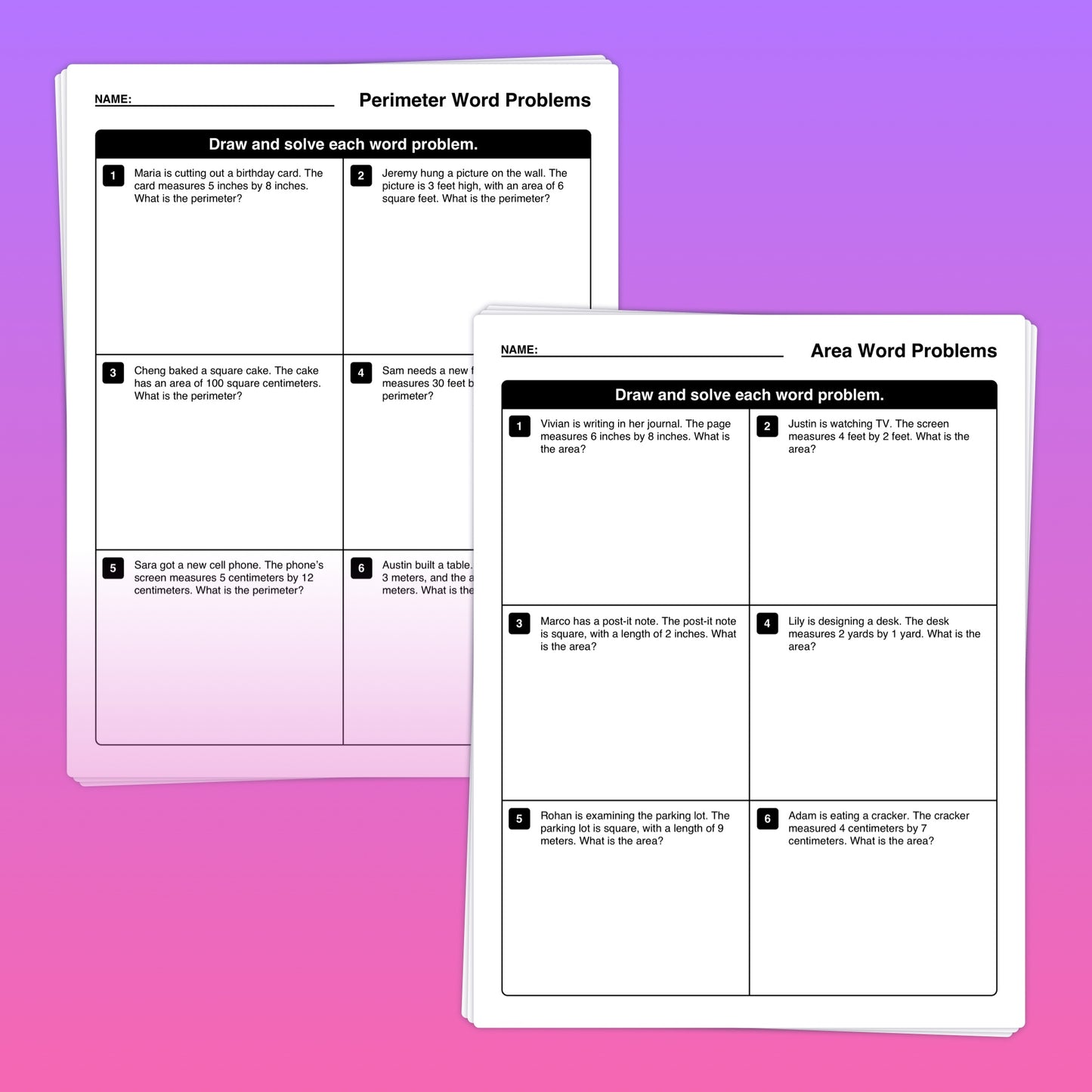 Worksheets on area and perimeter of rectangles with math word problems.