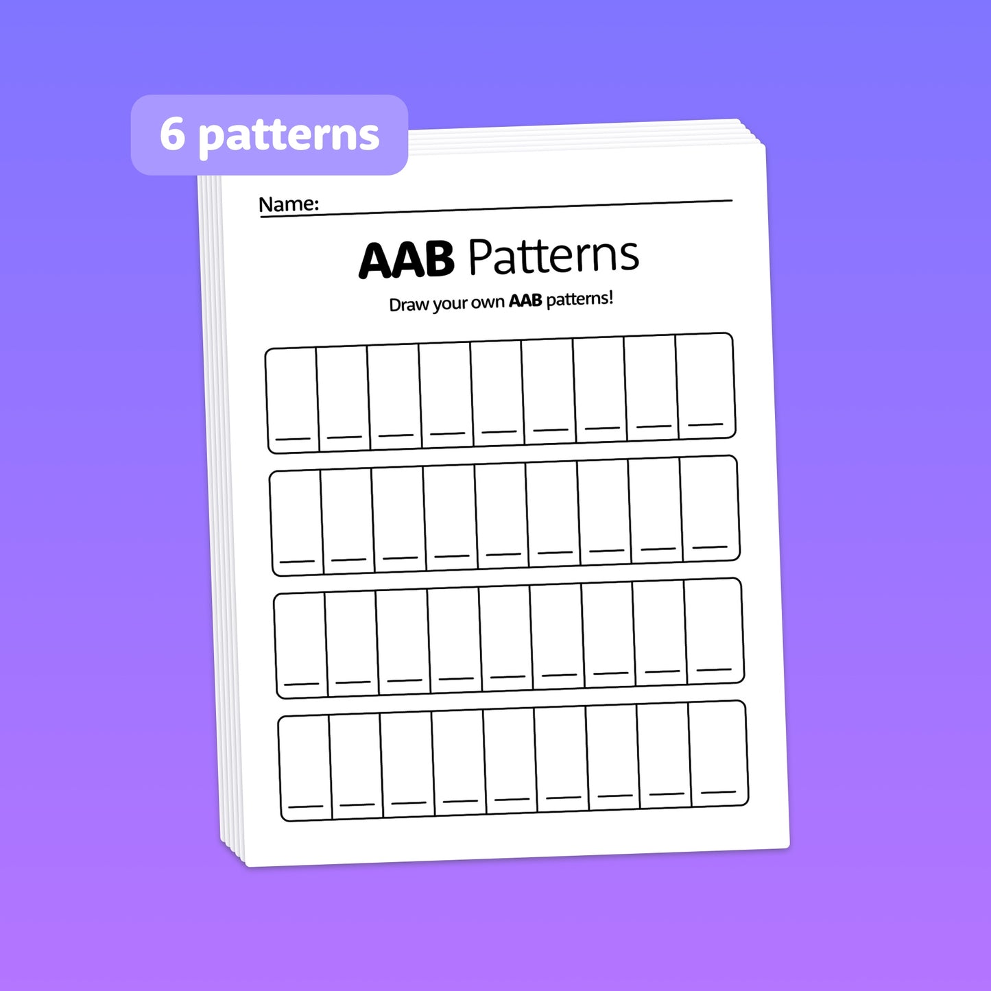 Worksheet titled "AAB Patterns" with 6 rows of empty boxes for patterns.